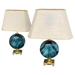 Table Lamps in Guit Metal, and Malachite Pattern, Painted Metal, France, 1970