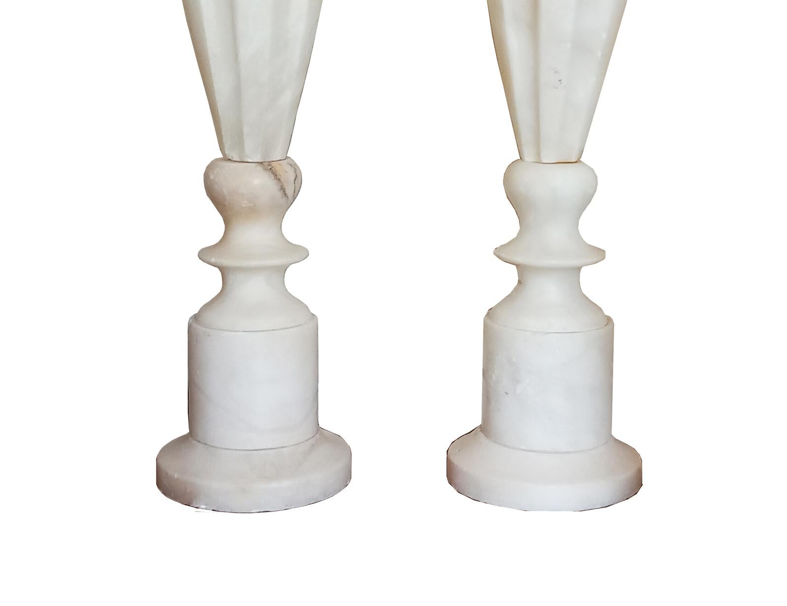 Italian Alabaster Table Lamps Large Column Shape White Italy 20th Century For Sale