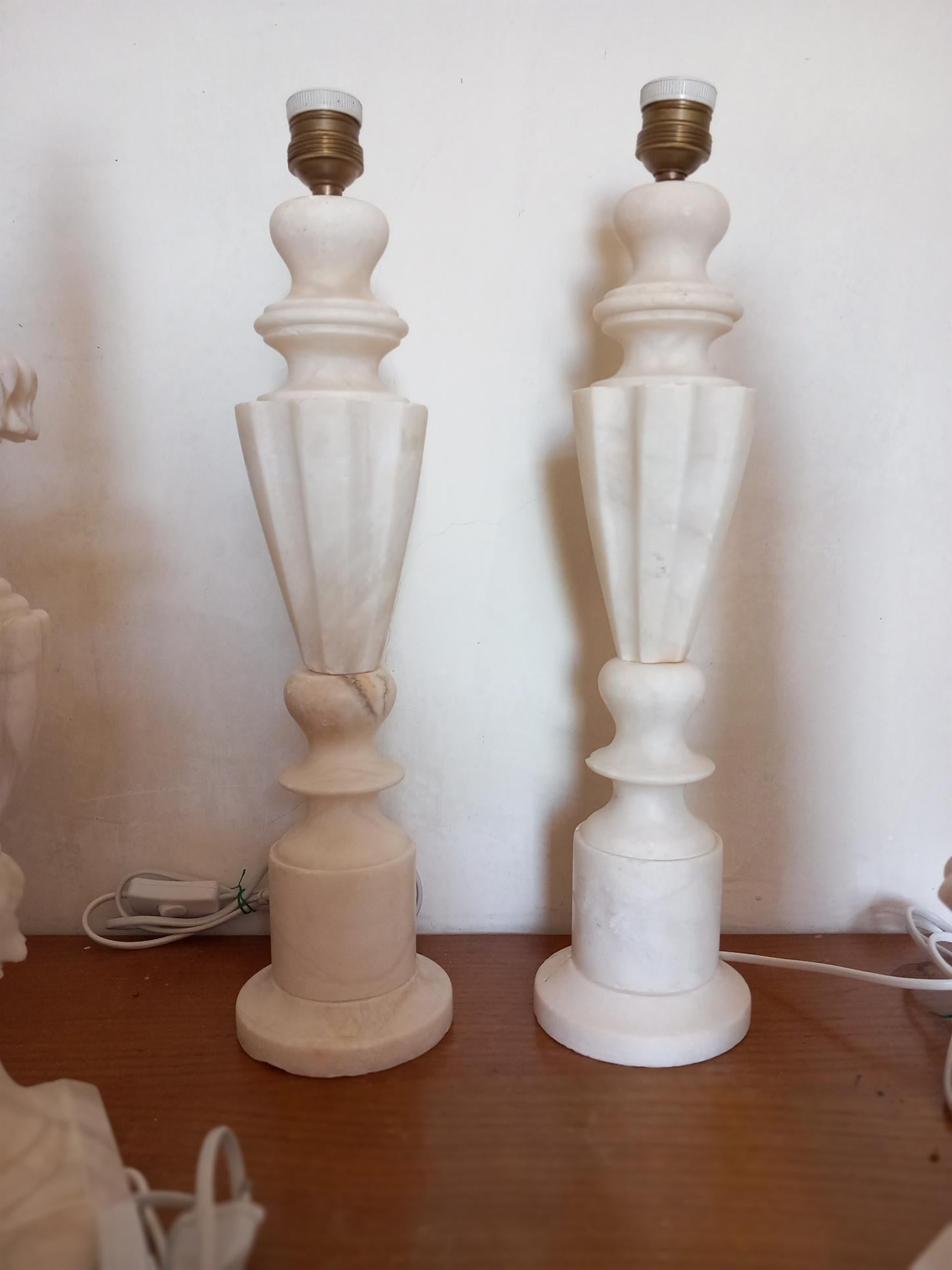 Carved Alabaster Table Lamps Large Column Shape White Spain, 20th Century For Sale