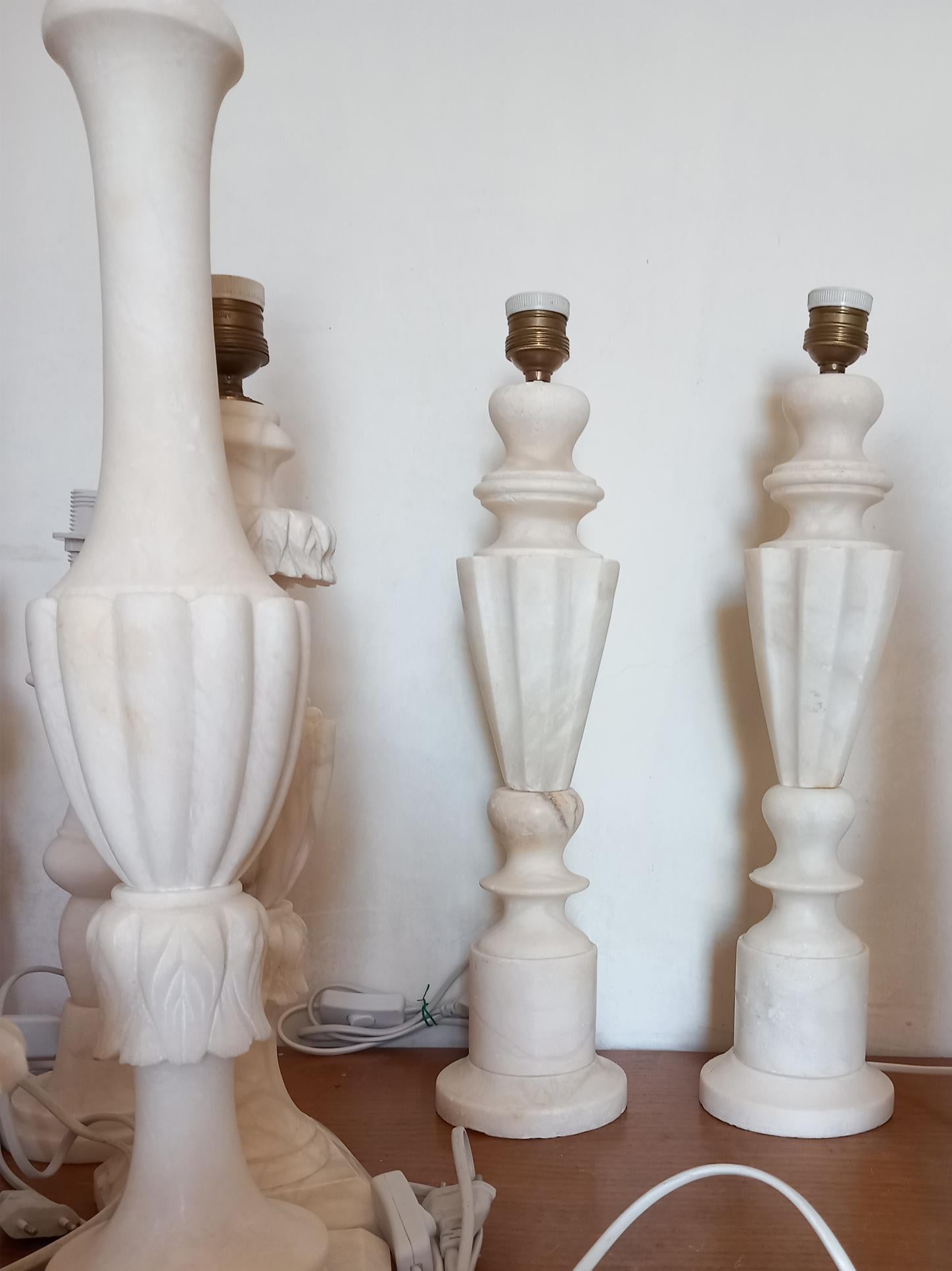 Alabaster Table Lamps Large Column Shape White Italy 20th Century For Sale 1