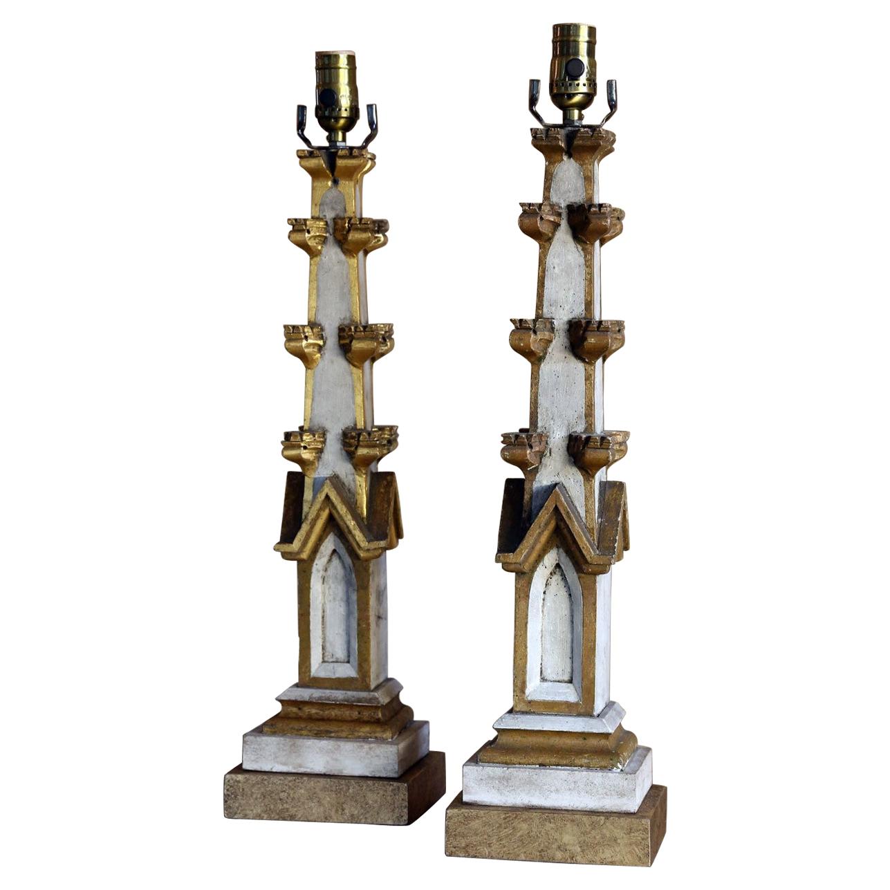 Table Lamps Made from Antique Painted Fragments with a Gothic Revival Feel