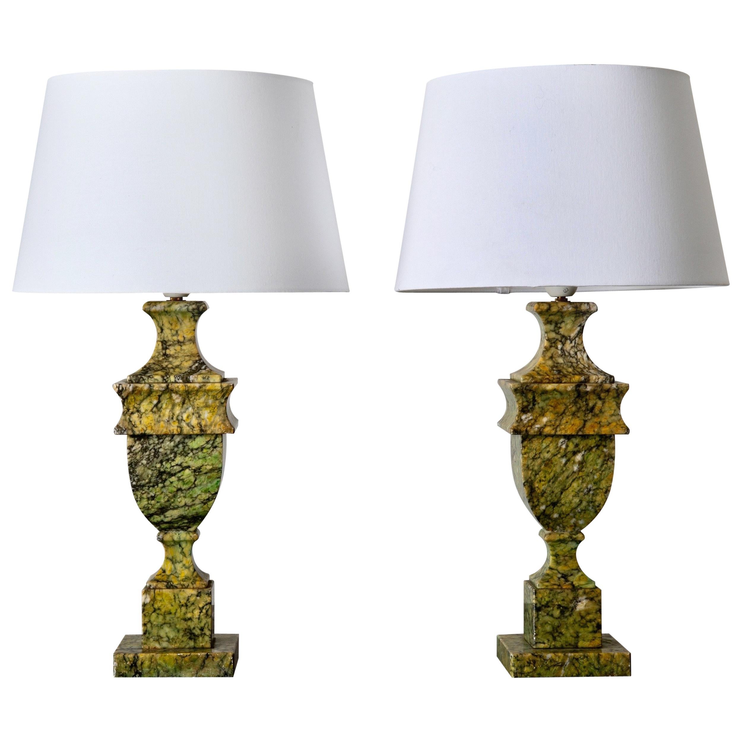 Table Lamps Pair Green Stone Sweden