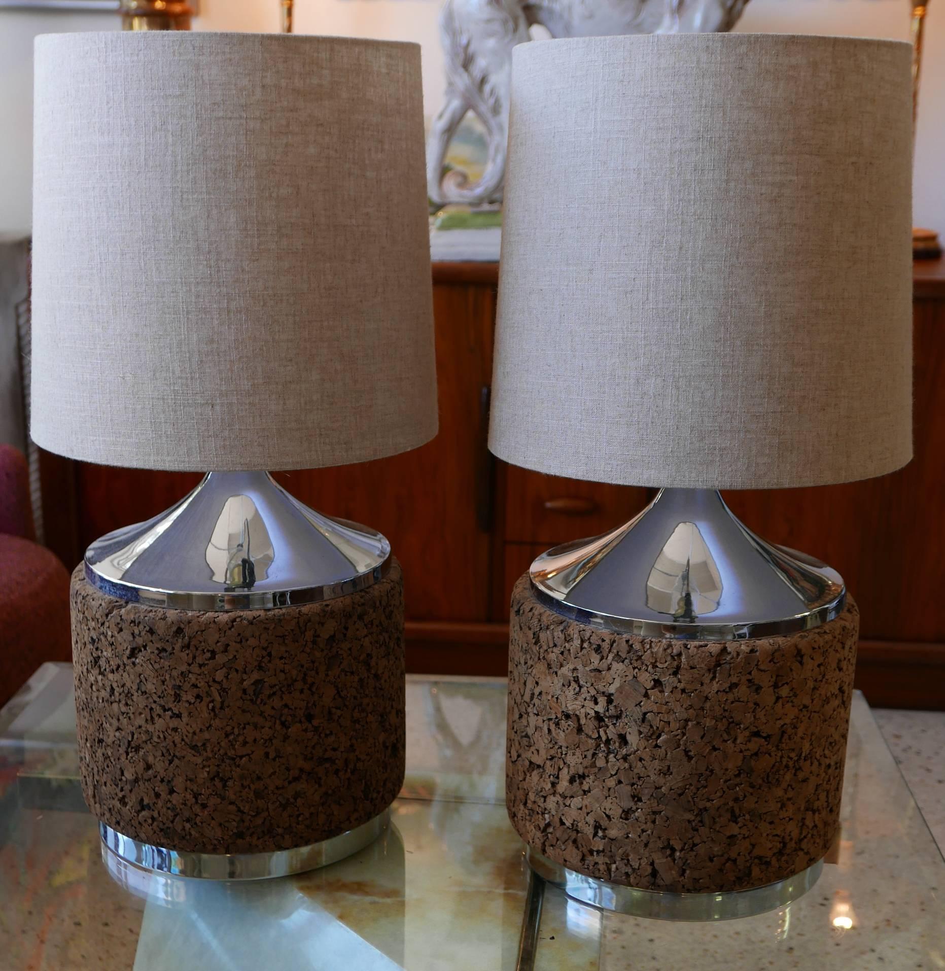 Modern Table Lamps Pair of Cork Drum with Chrome Base and Top, circa 1970