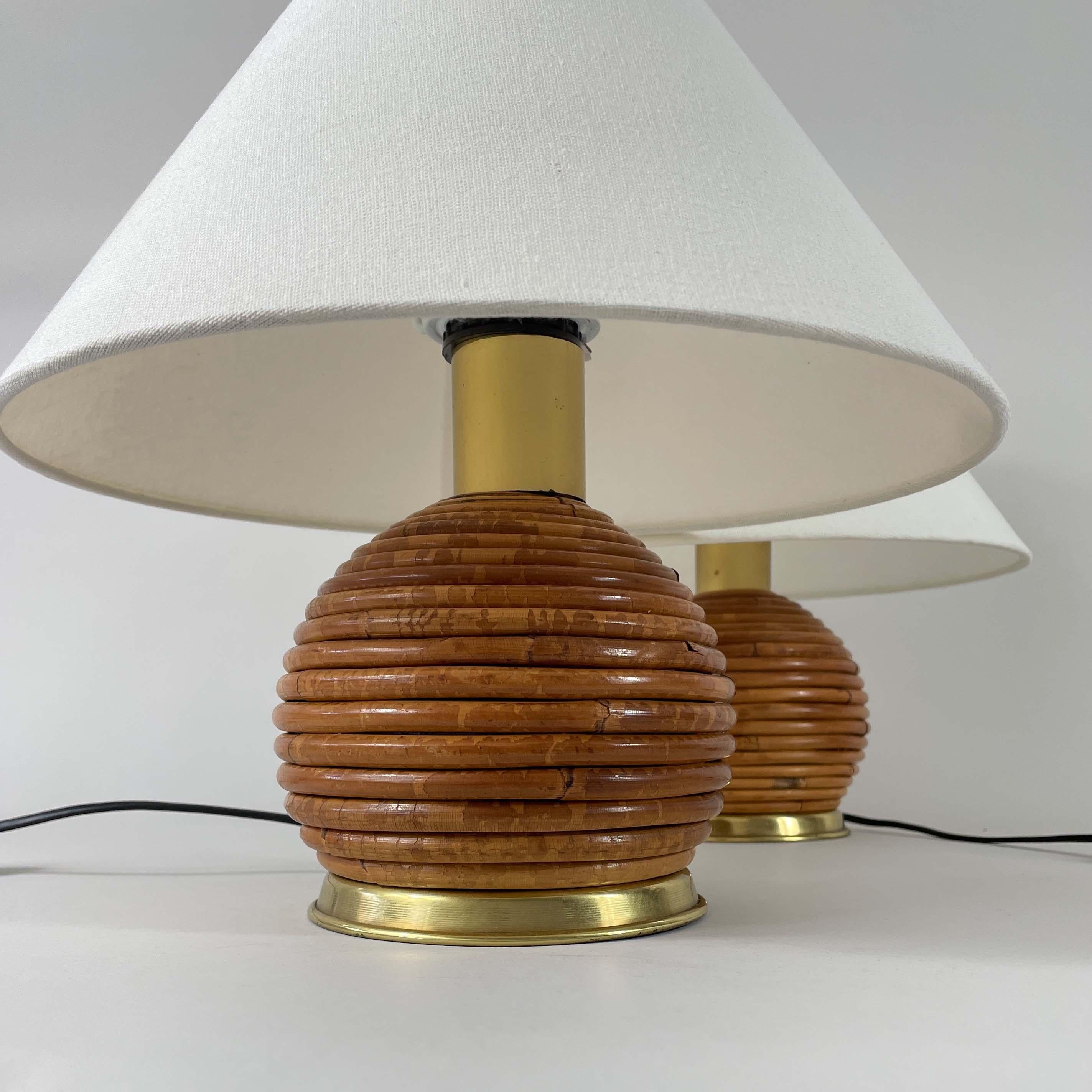 Table Lamps, Pencil Reed Rattan and Brass, Vivai Del Sud Italy 1960s For Sale 4