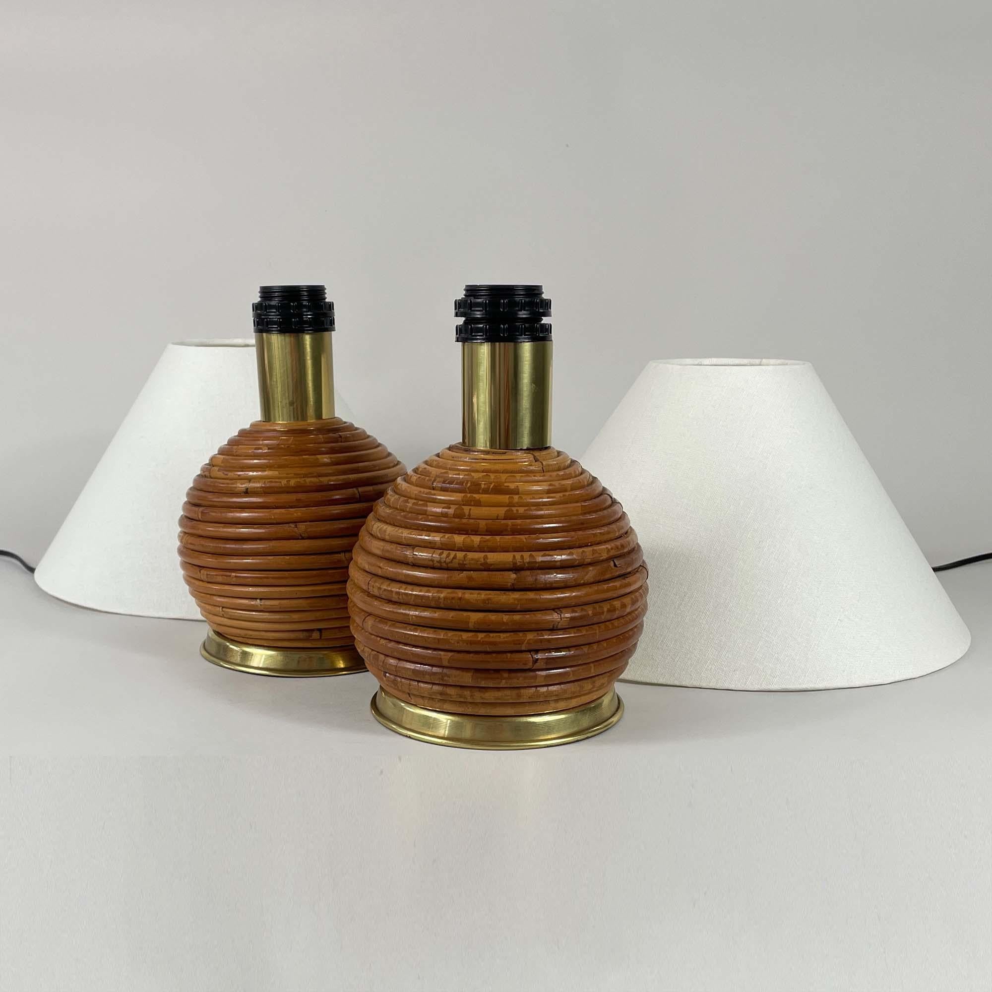 Table Lamps, Pencil Reed Rattan and Brass, Vivai Del Sud Italy 1960s For Sale 5