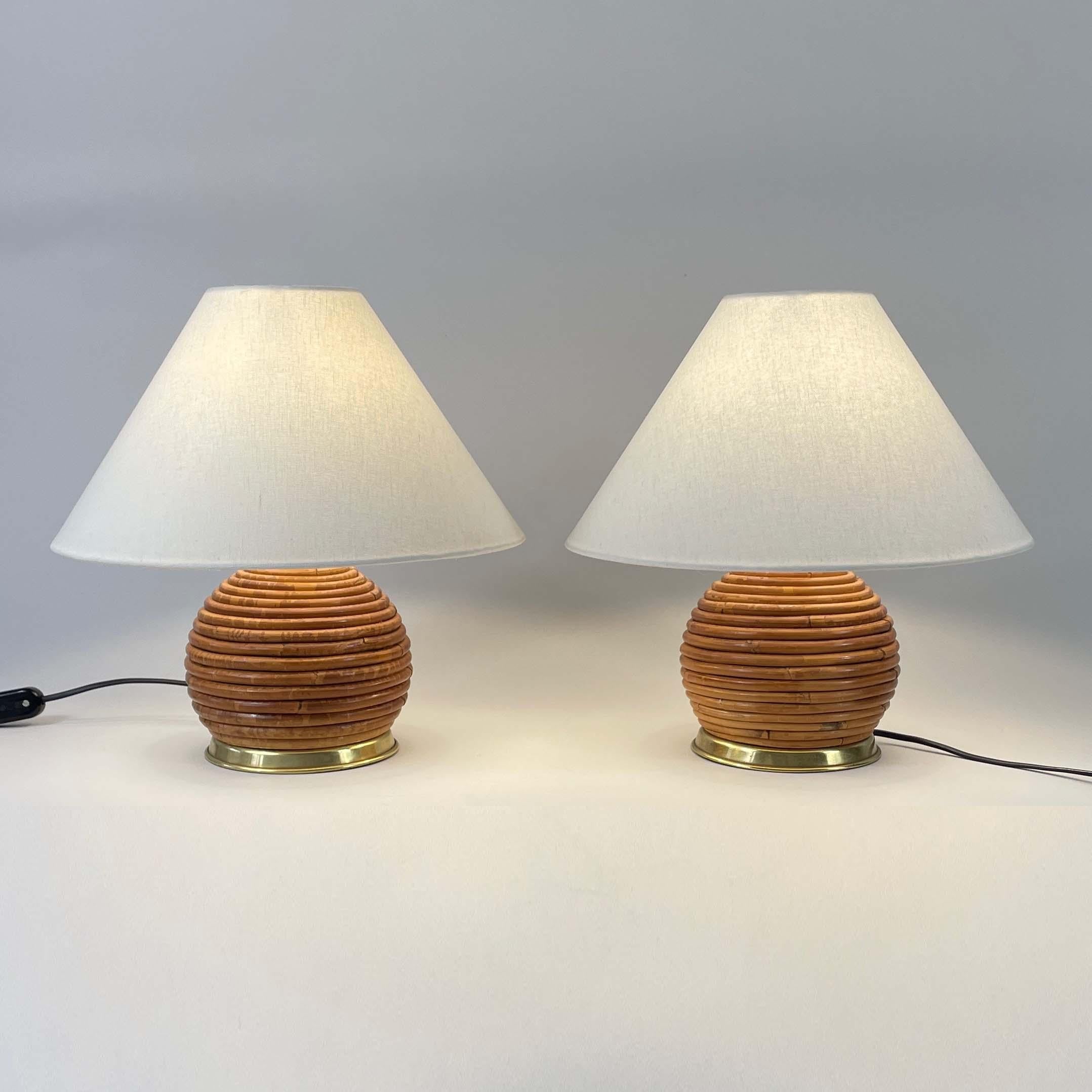 Table Lamps, Pencil Reed Rattan and Brass, Vivai Del Sud Italy 1960s For Sale 7