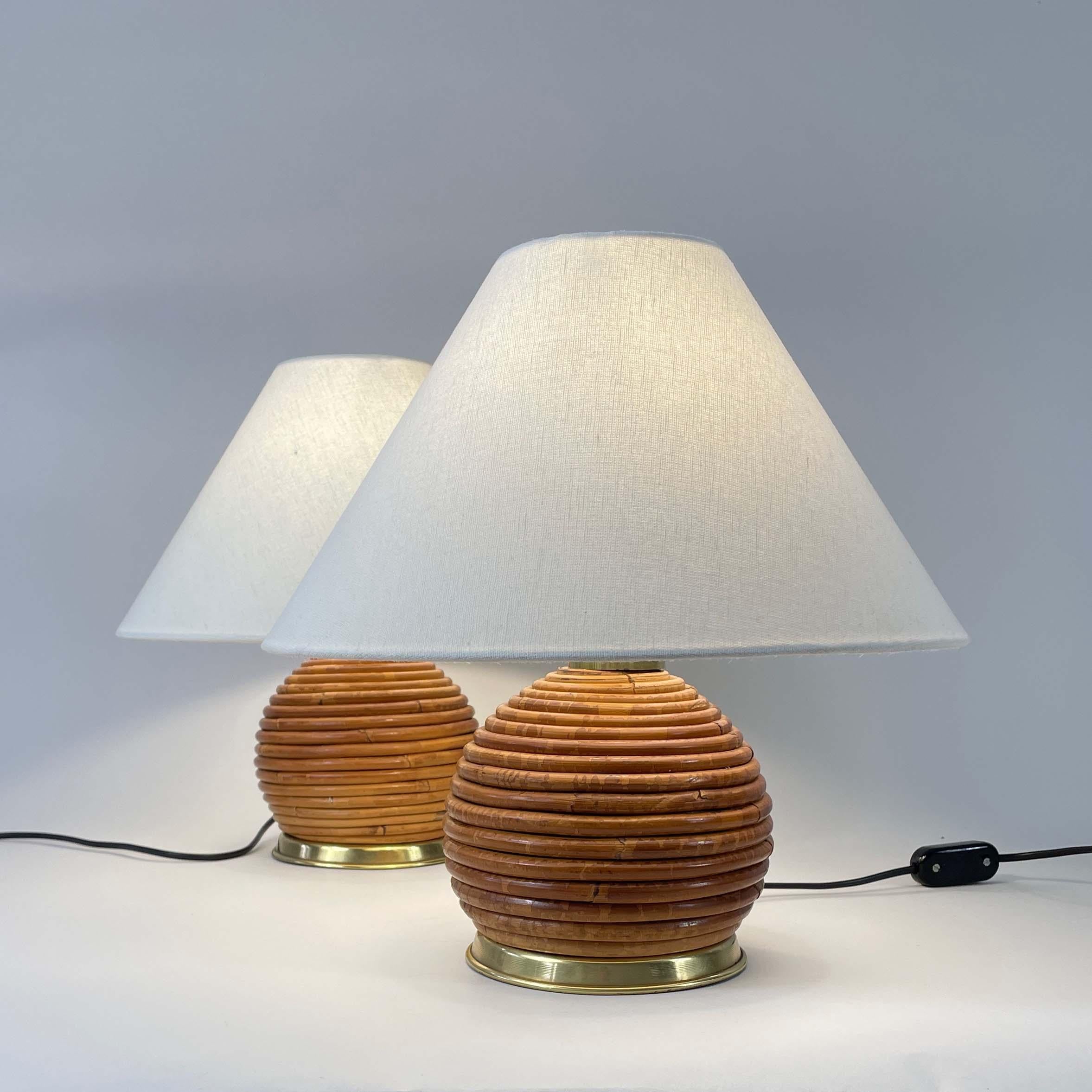 Mid-Century Modern Table Lamps, Pencil Reed Rattan and Brass, Vivai Del Sud Italy 1960s For Sale