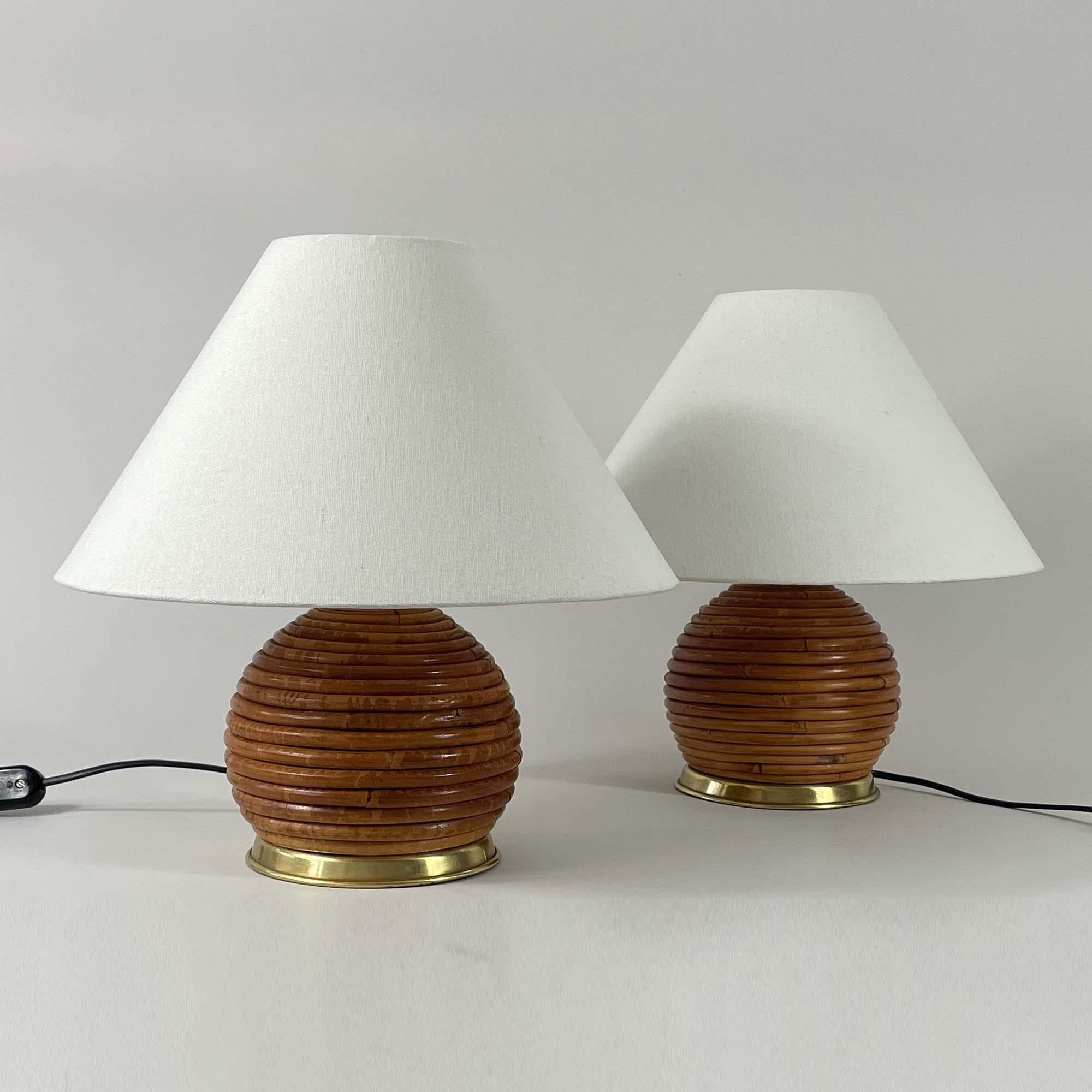 Italian Table Lamps, Pencil Reed Rattan and Brass, Vivai Del Sud Italy 1960s For Sale