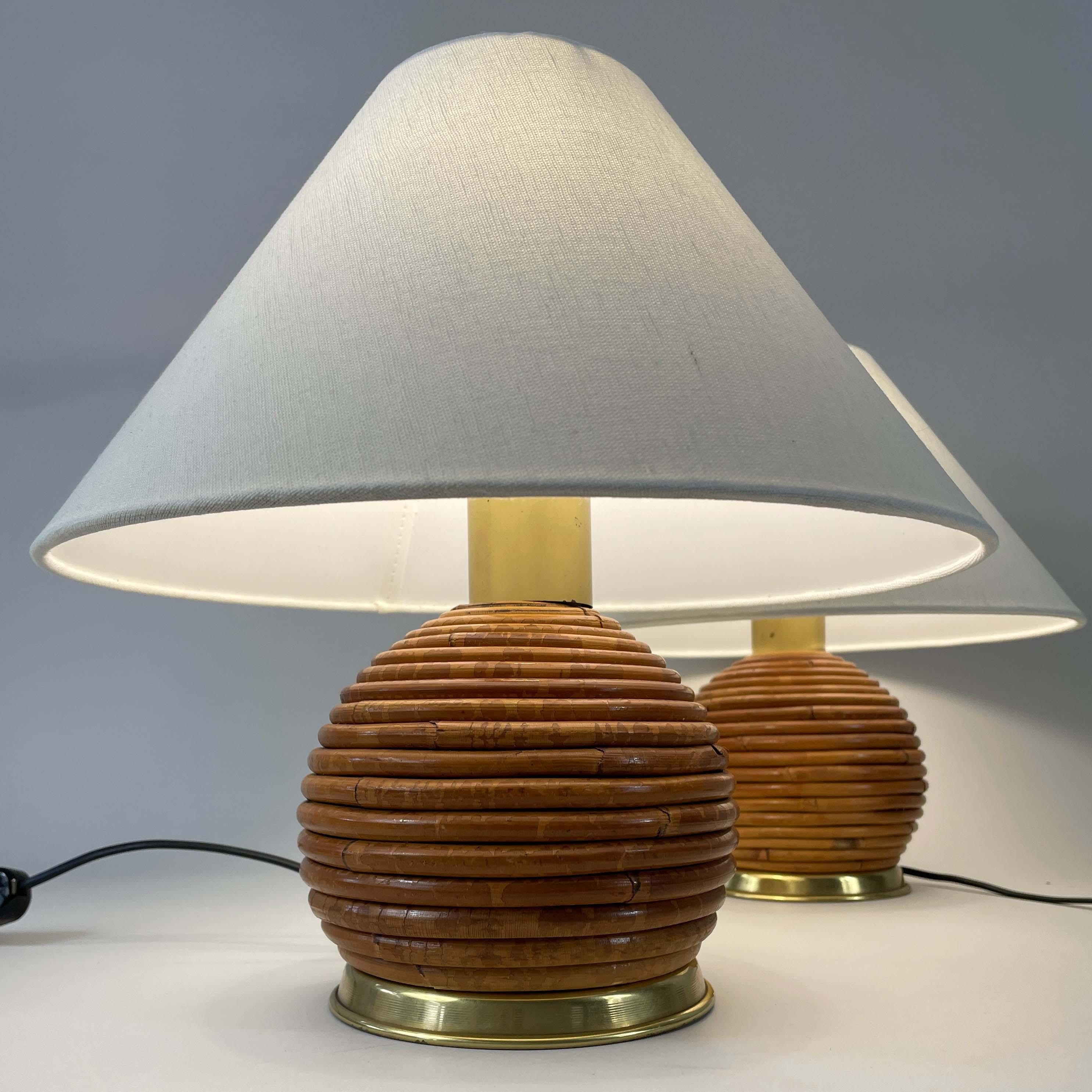 Mid-20th Century Table Lamps, Pencil Reed Rattan and Brass, Vivai Del Sud Italy 1960s For Sale