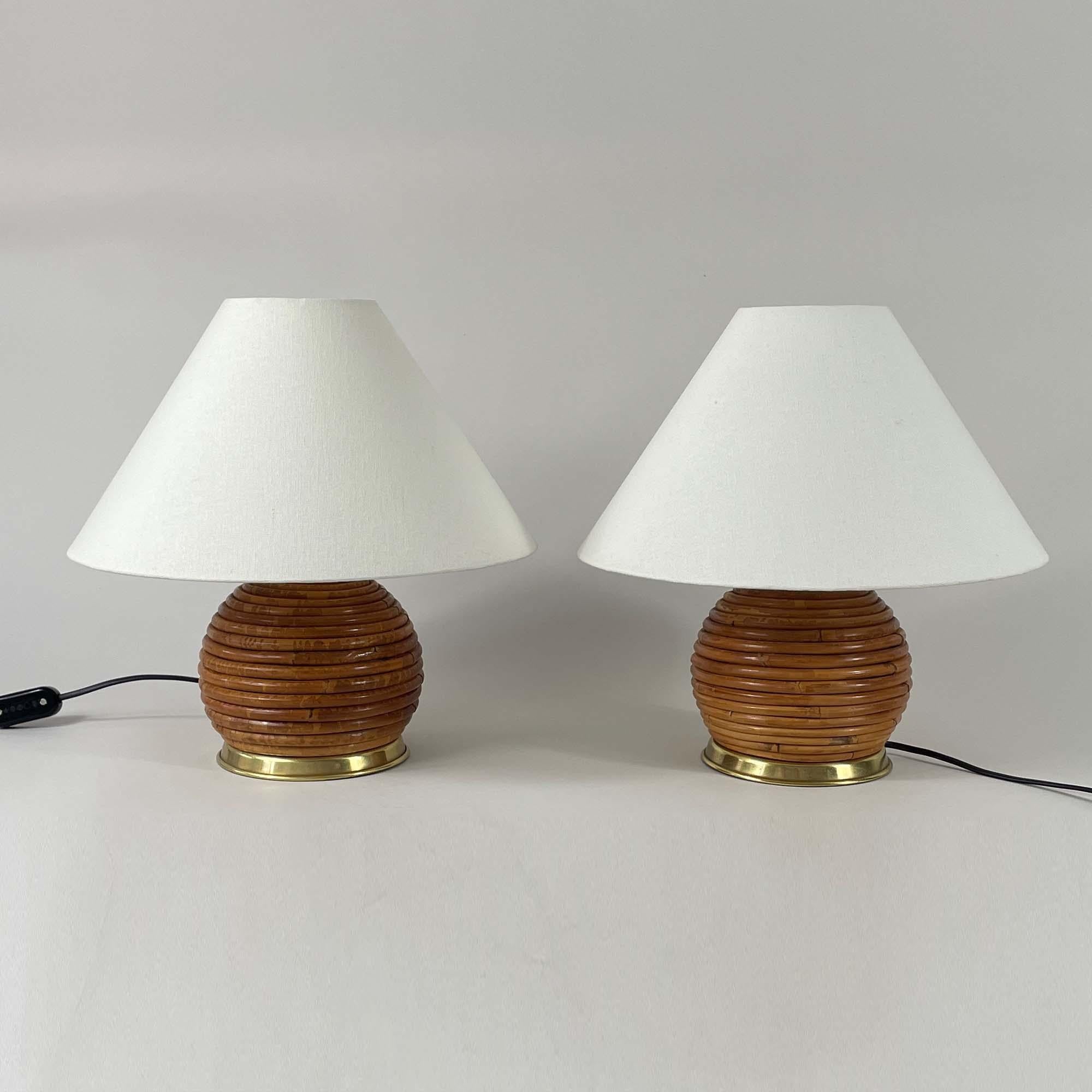Table Lamps, Pencil Reed Rattan and Brass, Vivai Del Sud Italy 1960s For Sale 1