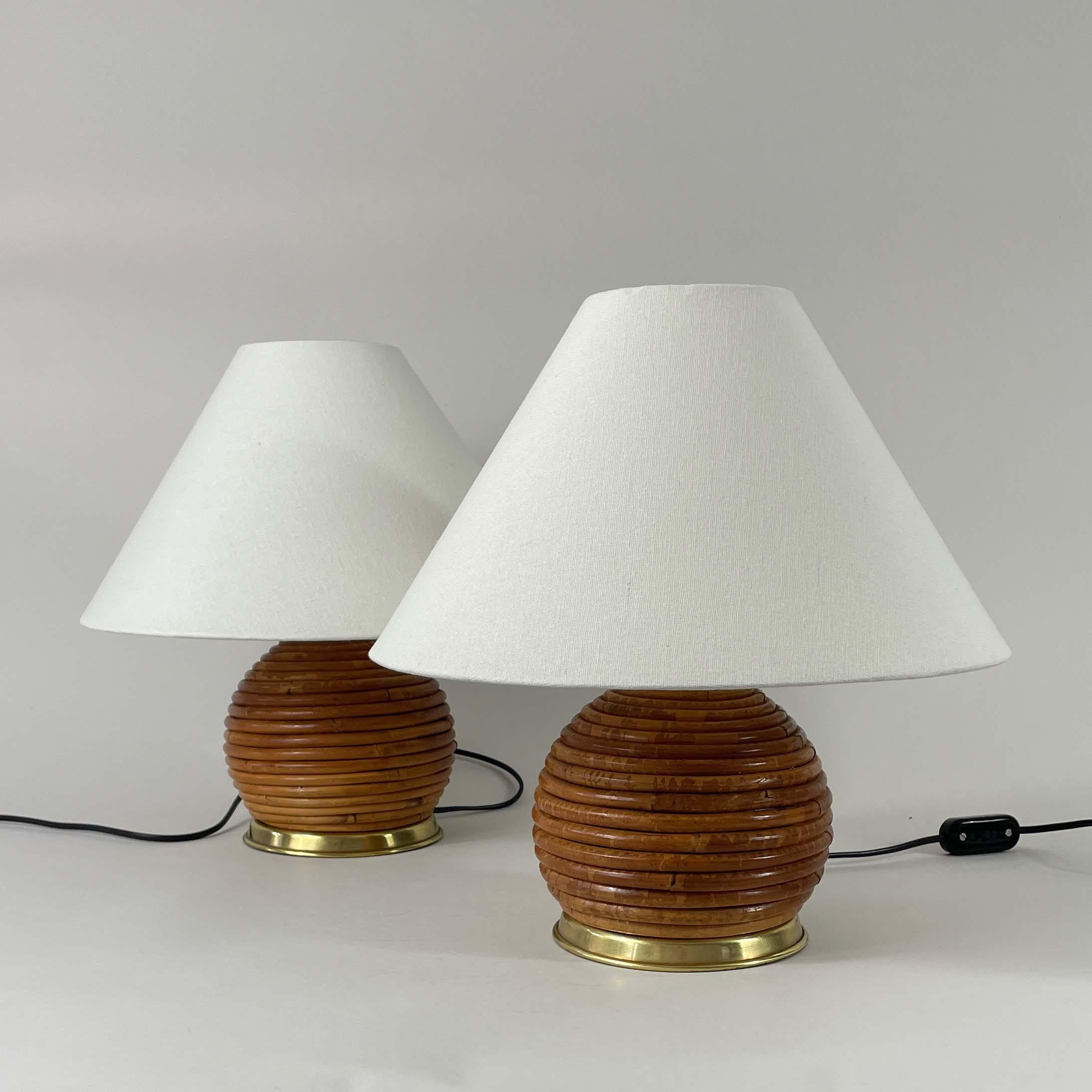 Table Lamps, Pencil Reed Rattan and Brass, Vivai Del Sud Italy 1960s For Sale 2