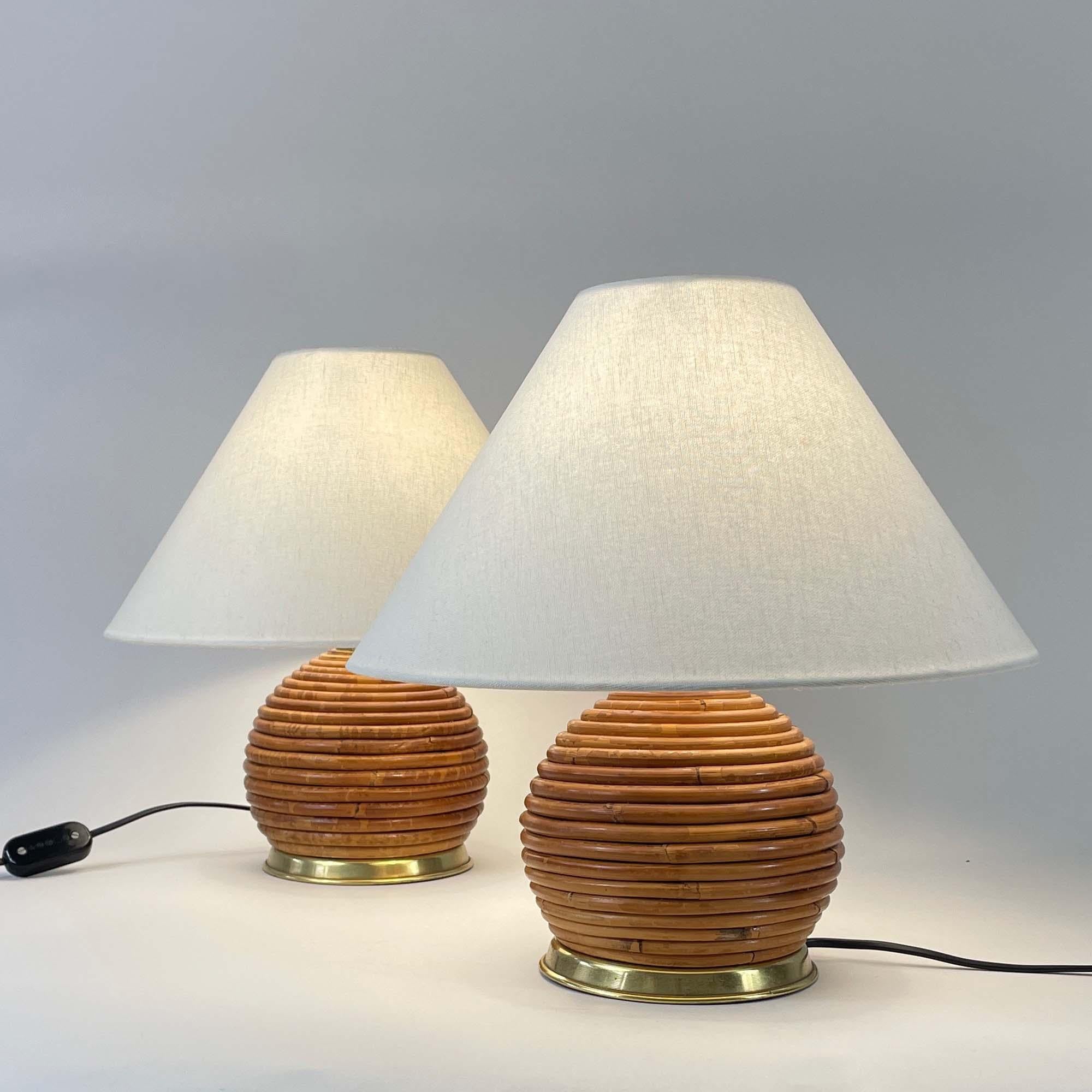 Table Lamps, Pencil Reed Rattan and Brass, Vivai Del Sud Italy 1960s For Sale 3