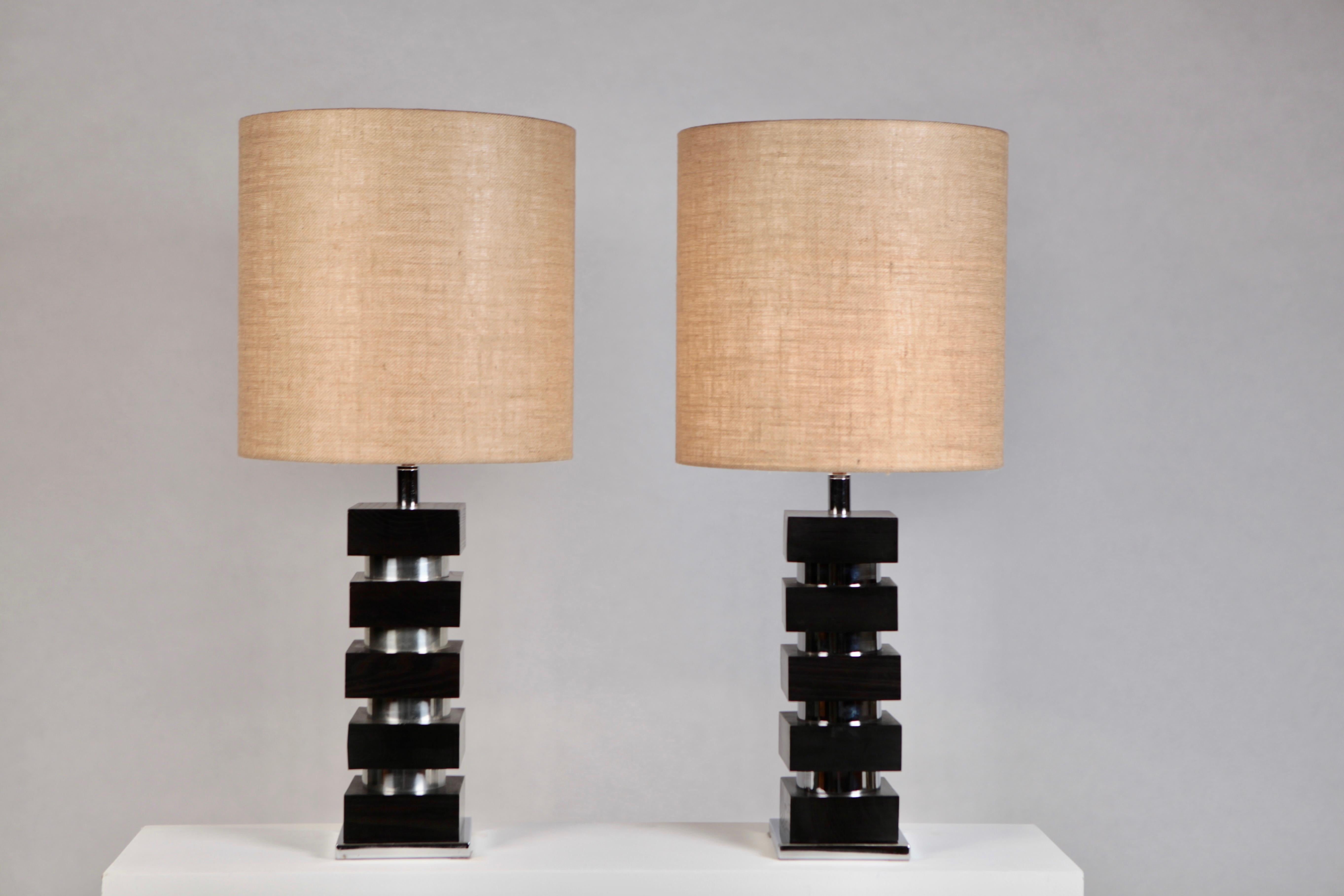 Table Lamps, Steel and Oak, France, 1970s 4