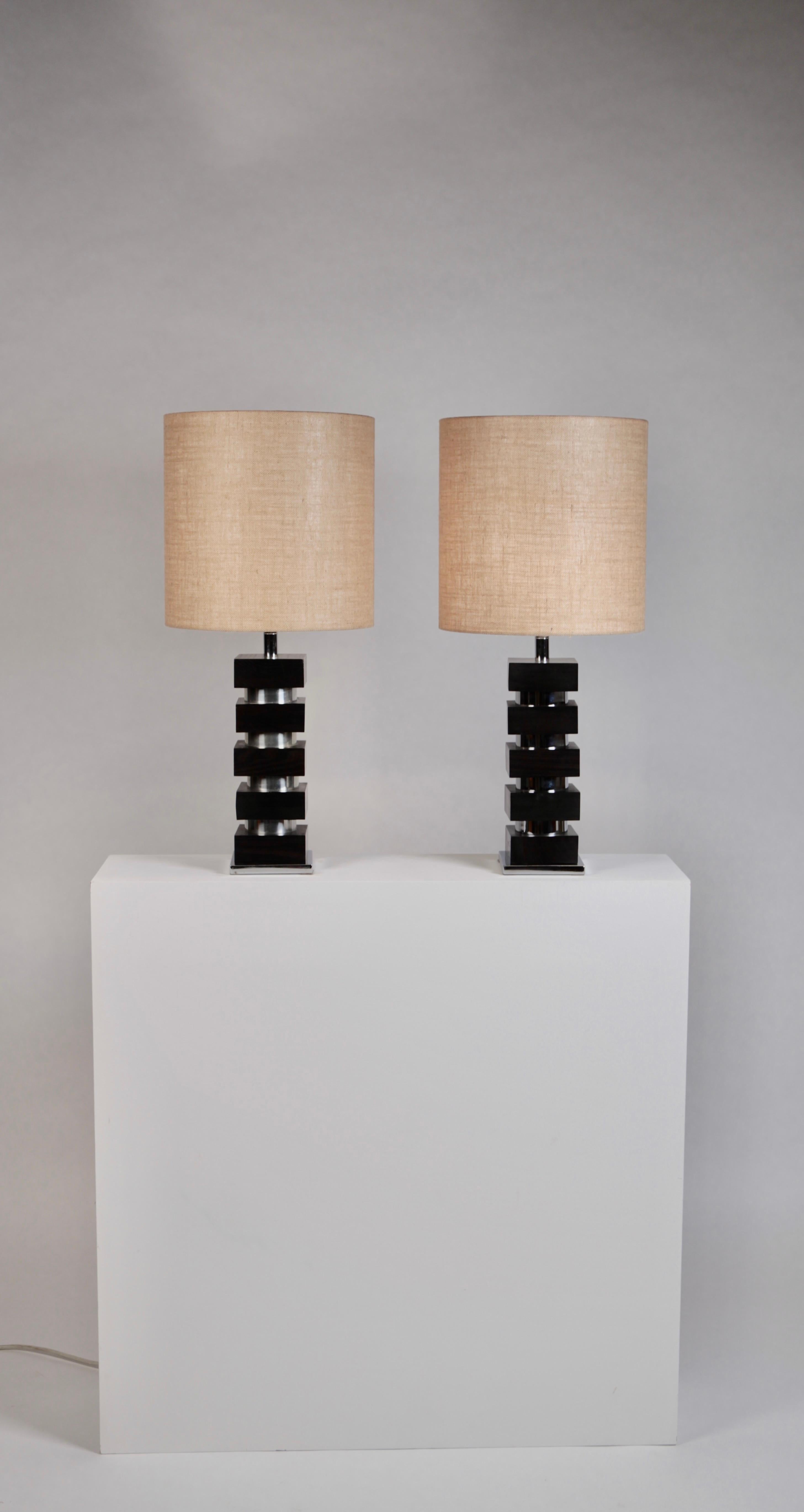 Table Lamps, Steel and Oak, France, 1970s 5