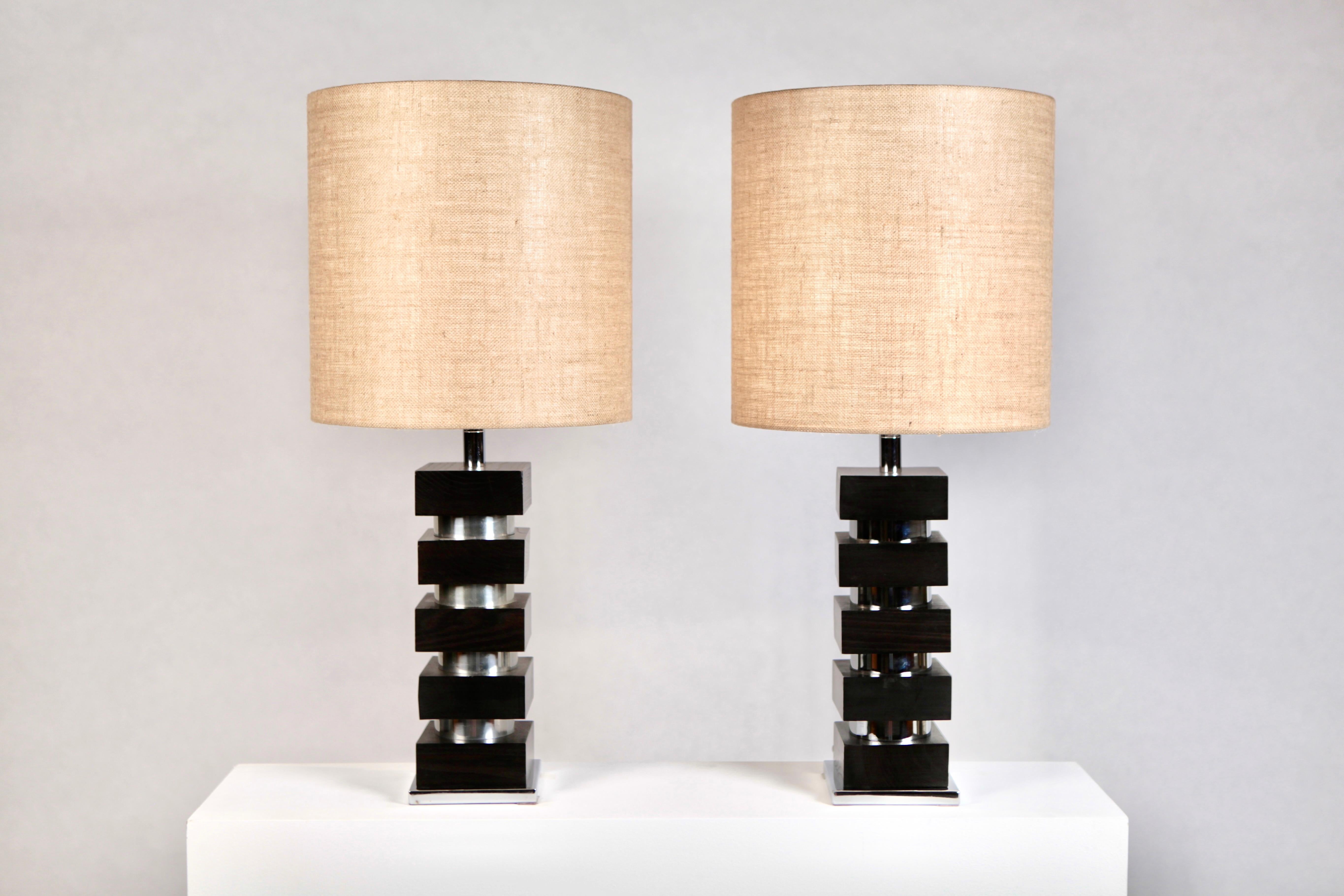 Mid-Century Modern Table Lamps, Steel and Oak, France, 1970s