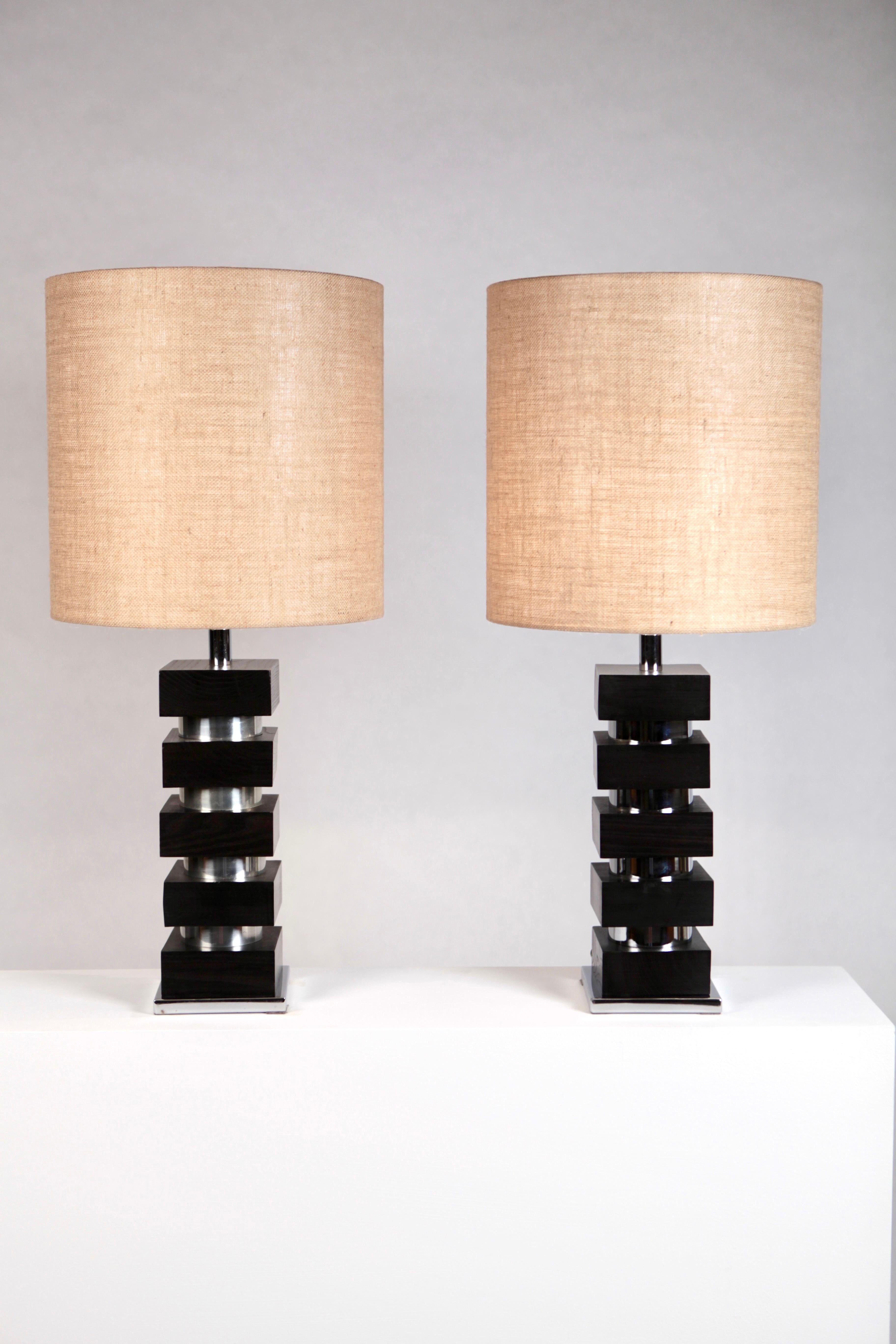 French Table Lamps, Steel and Oak, France, 1970s