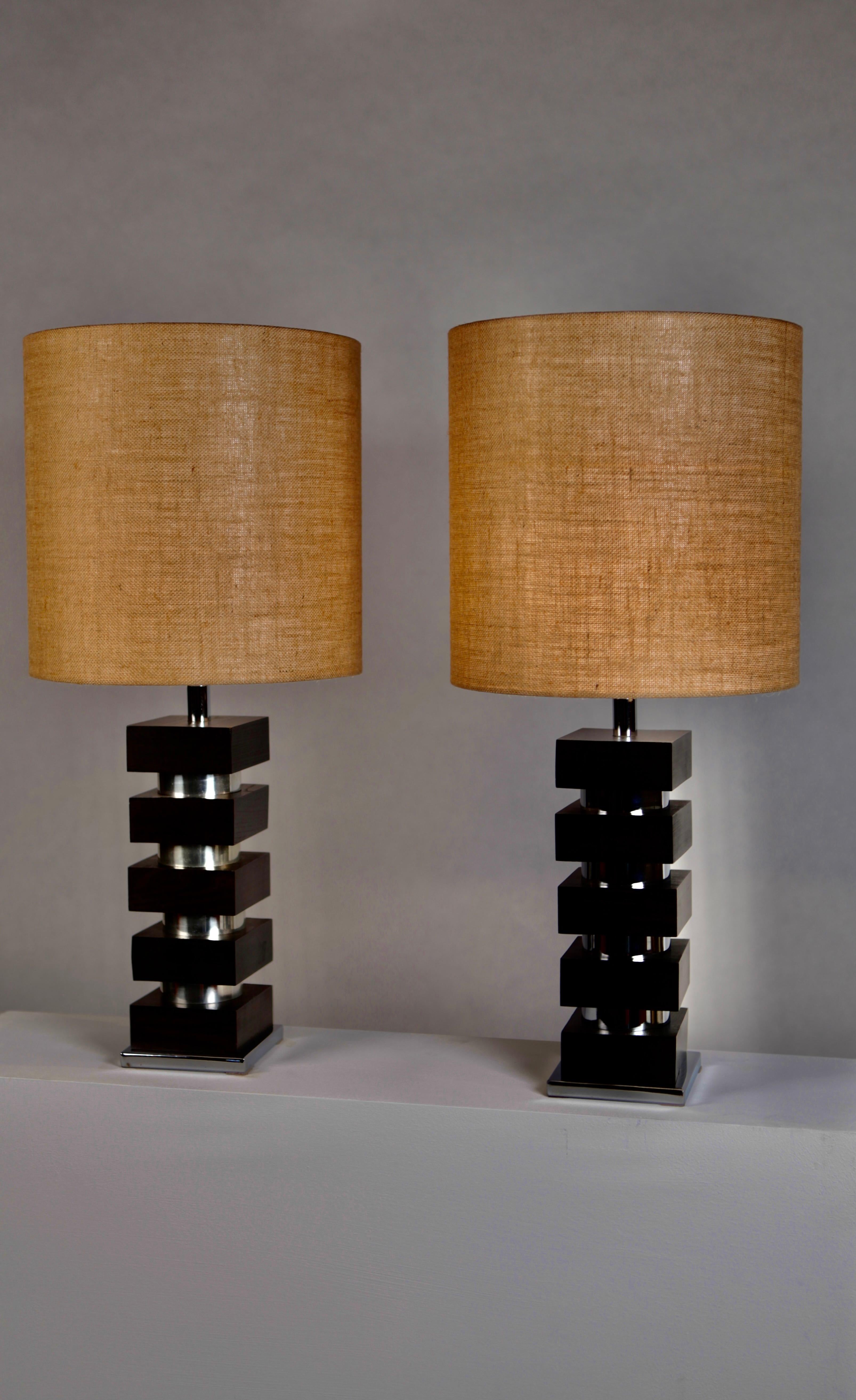 Table Lamps, Steel and Oak, France, 1970s 2