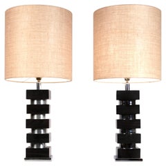 Table Lamps, Steel and Oak, France, 1970s