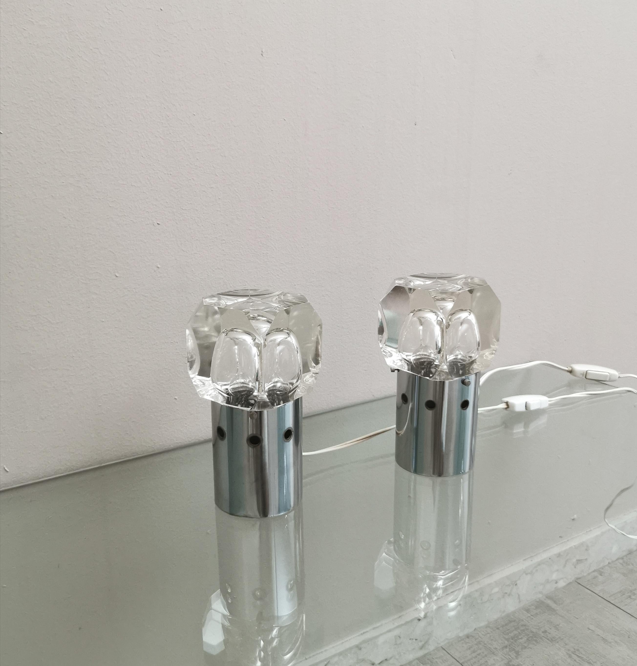 Lampade da tavolo Vetro trasparente Metallo cromato Midcentury Italia 1970s Set di 2 1