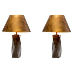 Table Lamps, Vintage Brass Finish And Coffee-Colored Marble, Modern Design.