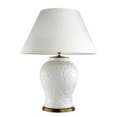 Table Lamps, White Ceramic With An Antique Brass Finish, Botanical Jungle Style.