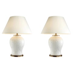 Table Lamps, White Ceramic With An Antique Brass Finish, Botanical Jungle Style.