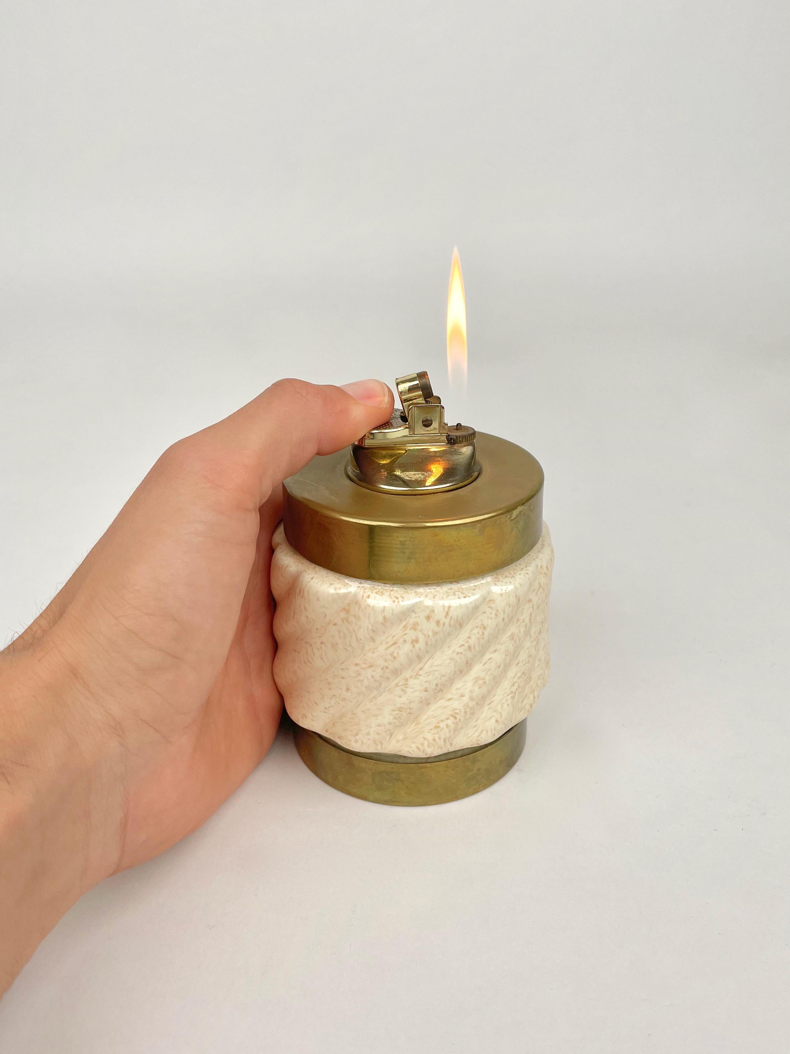 Mid-Century Modern Table Lighter Beige Ceramic and Brass by Tommaso Barbi, Italy, 1960s