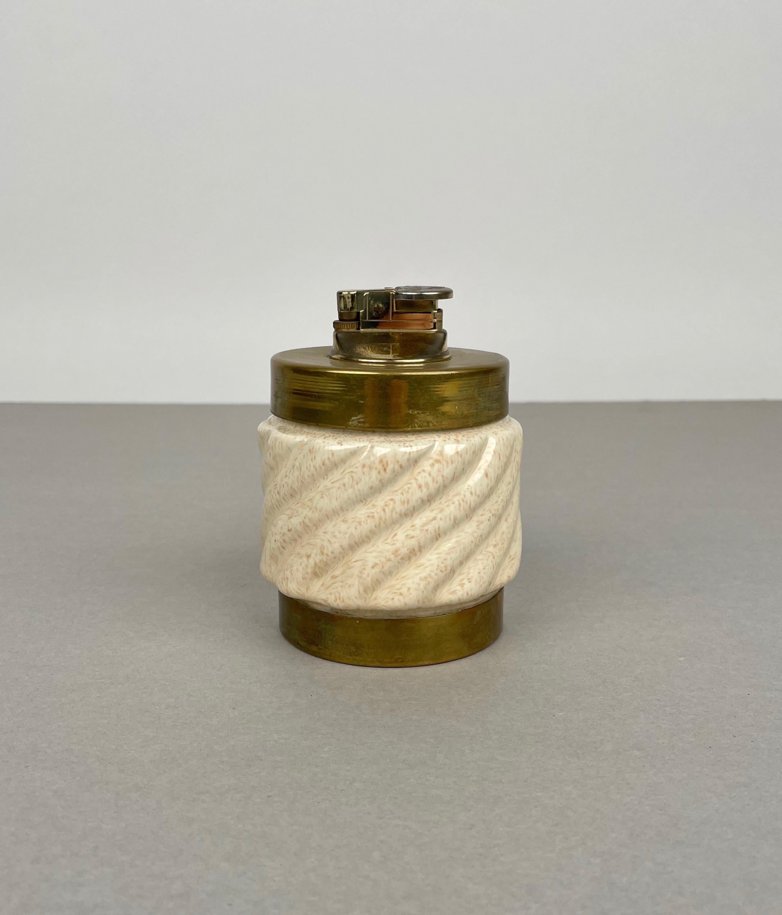 Italian Table Lighter Beige Ceramic and Brass by Tommaso Barbi, Italy, 1960s