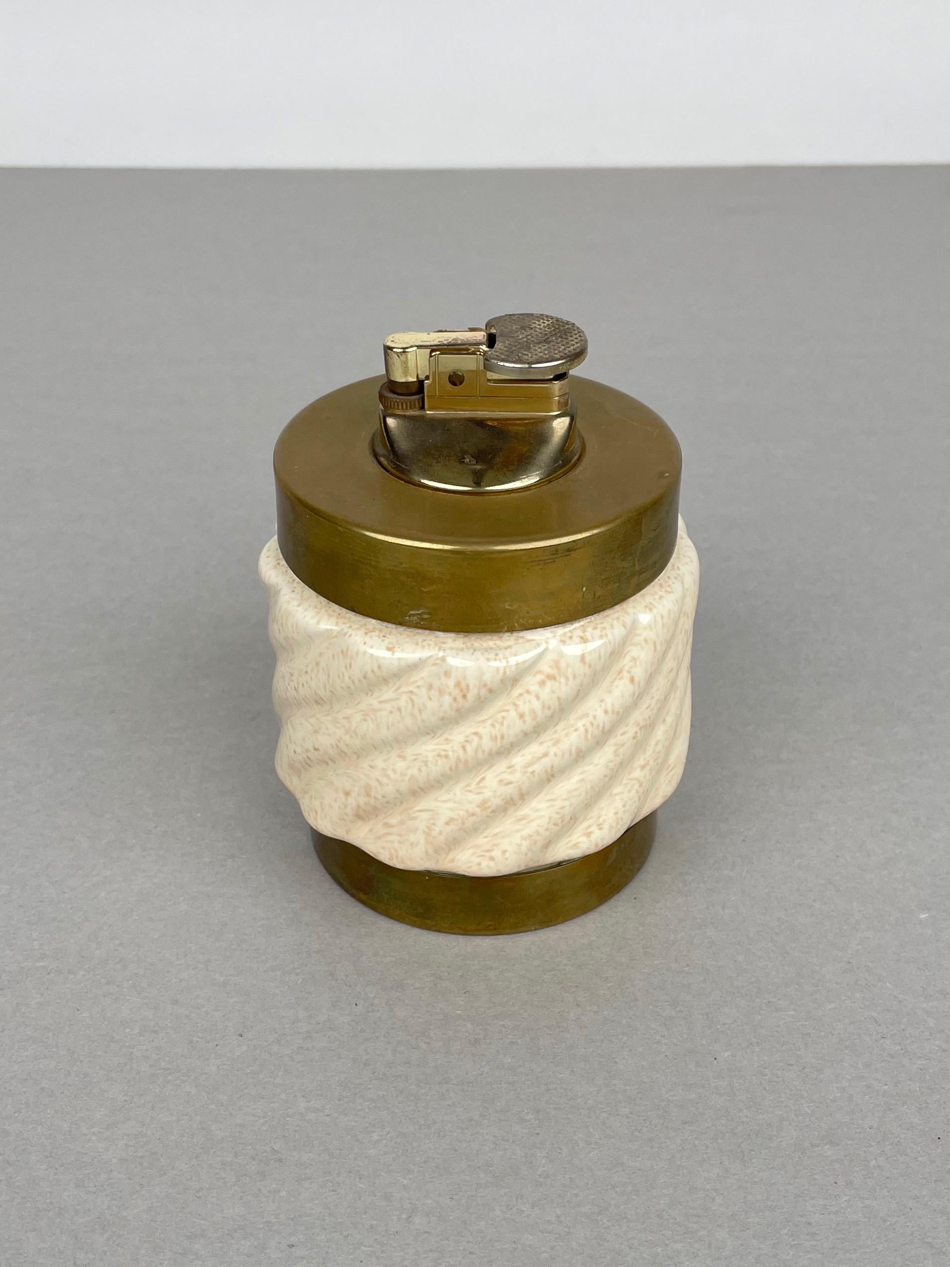 Table Lighter Beige Ceramic and Brass by Tommaso Barbi, Italy, 1960s In Good Condition In Rome, IT