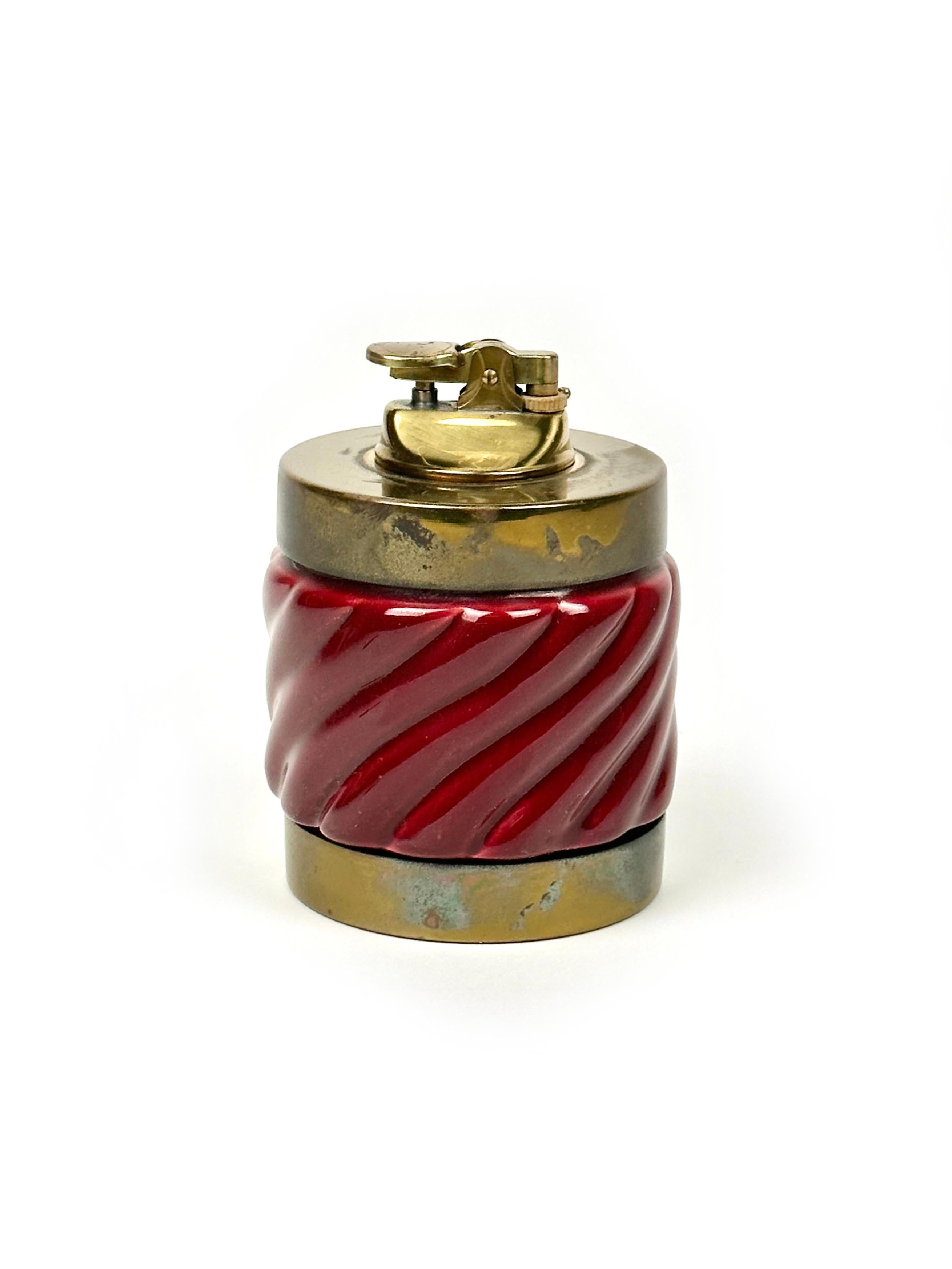 Mid-Century Modern Table Lighter Bordeaux Ceramic and Brass by Tommaso Barbi, Italy, 1970s For Sale