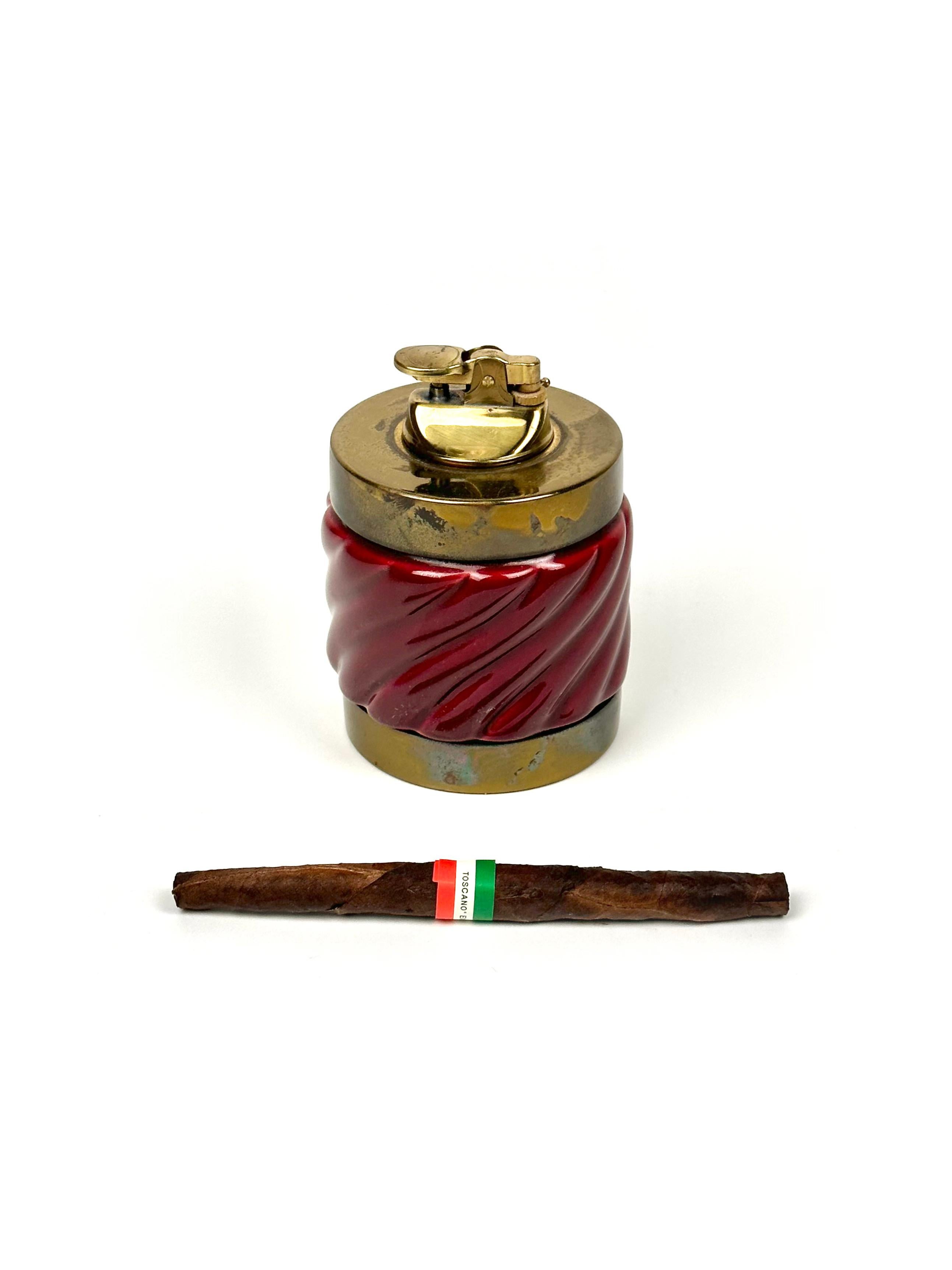 Italian Table Lighter Bordeaux Ceramic and Brass by Tommaso Barbi, Italy, 1970s For Sale