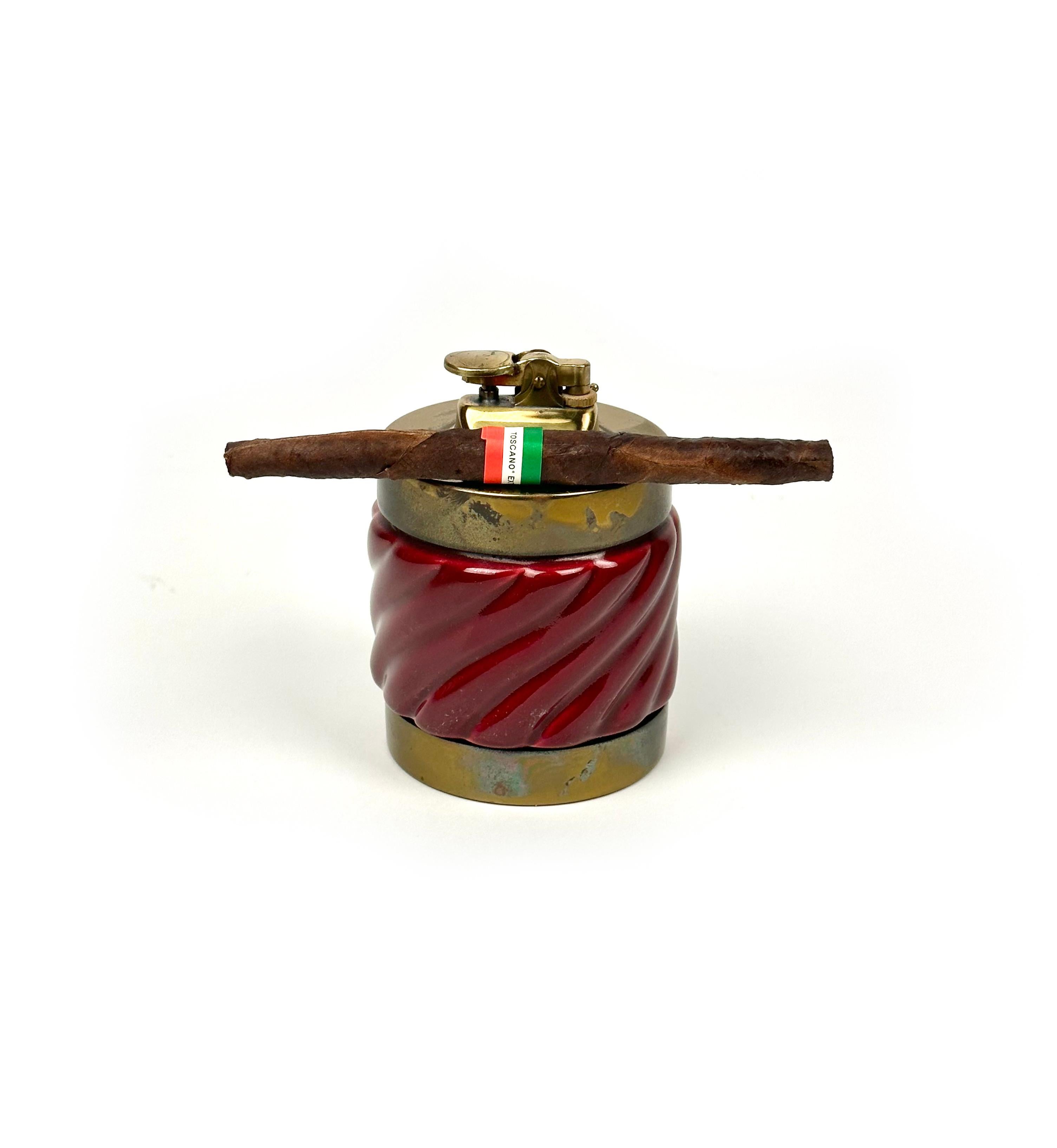 Table Lighter Bordeaux Ceramic and Brass by Tommaso Barbi, Italy, 1970s In Good Condition For Sale In Rome, IT