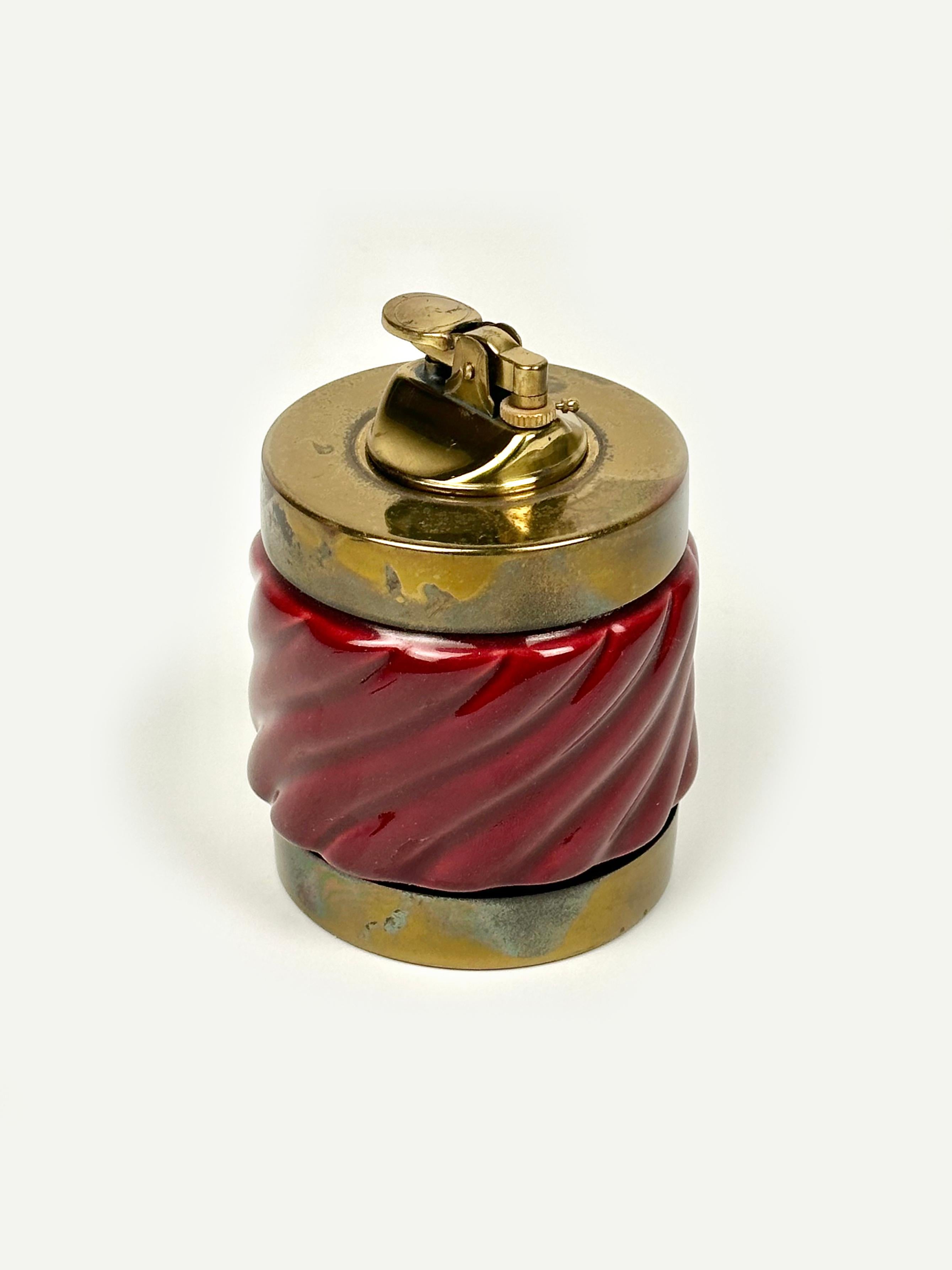 Late 20th Century Table Lighter Bordeaux Ceramic and Brass by Tommaso Barbi, Italy, 1970s For Sale