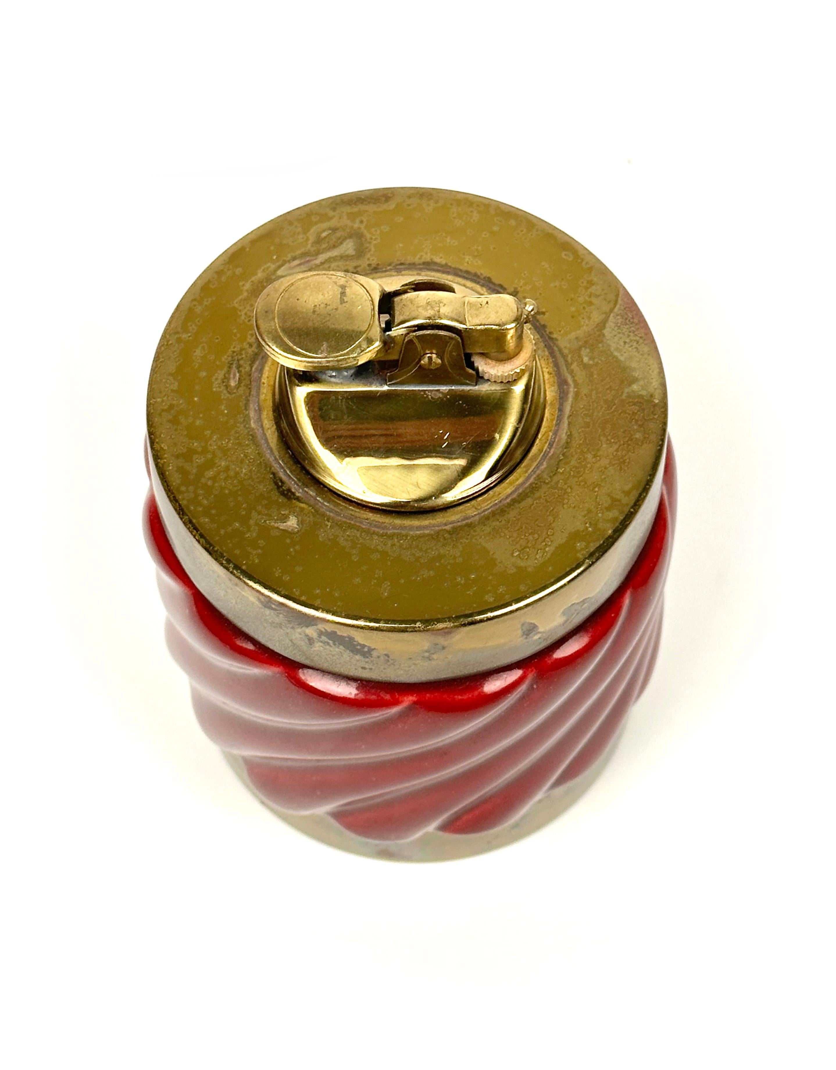 Metal Table Lighter Bordeaux Ceramic and Brass by Tommaso Barbi, Italy, 1970s For Sale