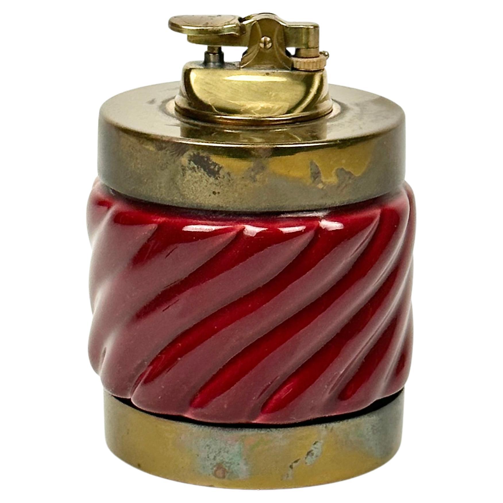 Table Lighter Bordeaux Ceramic and Brass by Tommaso Barbi, Italy, 1970s For Sale