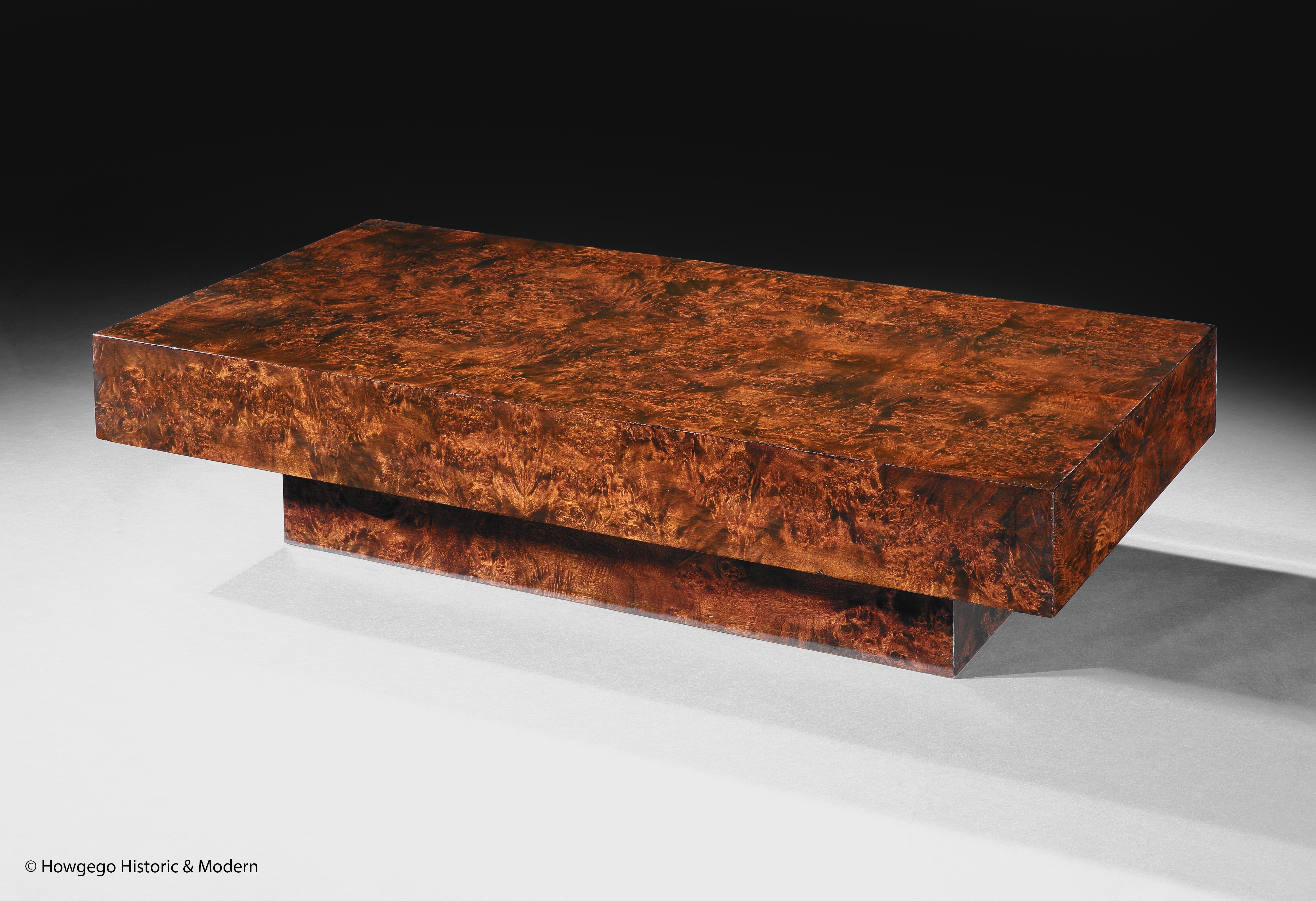Italian design in manner of Aldo Tura & Willy Rizzo: mulberry floating platform base low/coffee table, 1960’s 

The combination of Modernist design with the densely grained mulberry veneers creates a refreshing, informal, warm and sophisticated