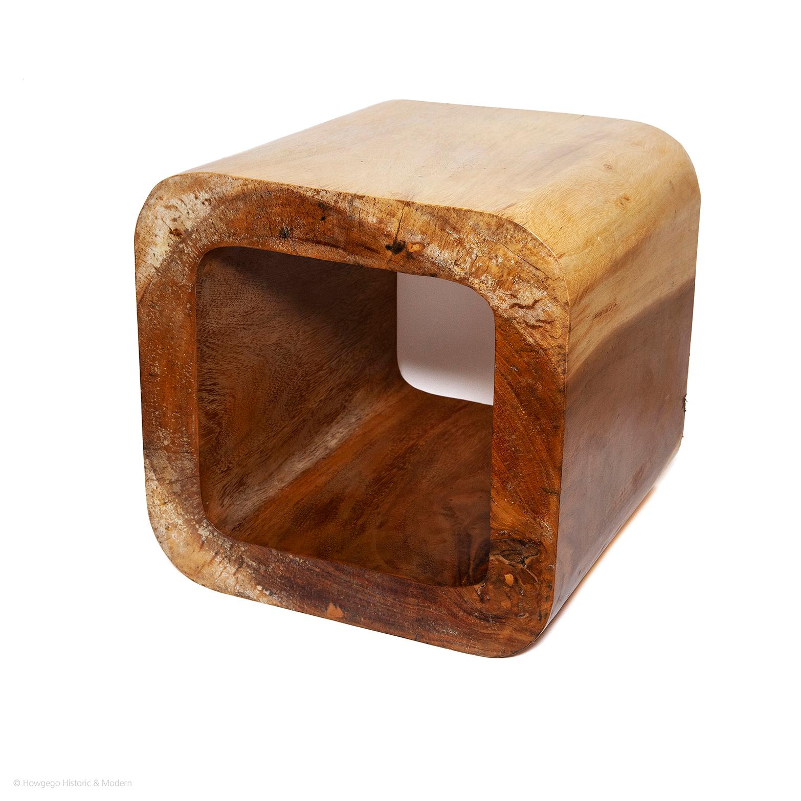 - Striking and tactile 1960s open cube table or stool injecting atmosphere into the modern or contemporary interior
- Made from an exotic wood with natural and original two-tone pale and rich honey color and surface creating juxtaposition in the