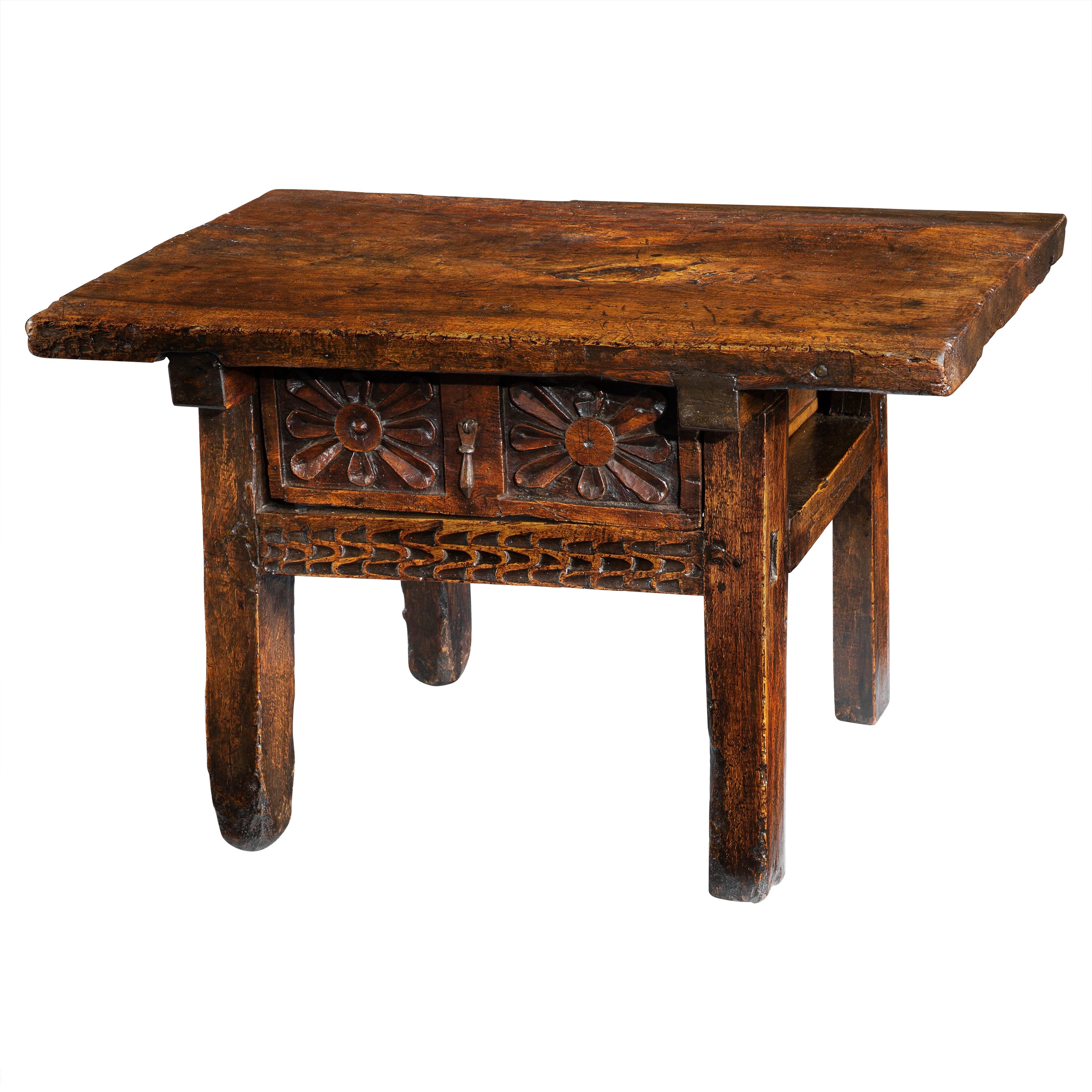 Table Low Side Walnut Spanish Carved Flowerhead Seville Folk 19.5" high 79" long For Sale