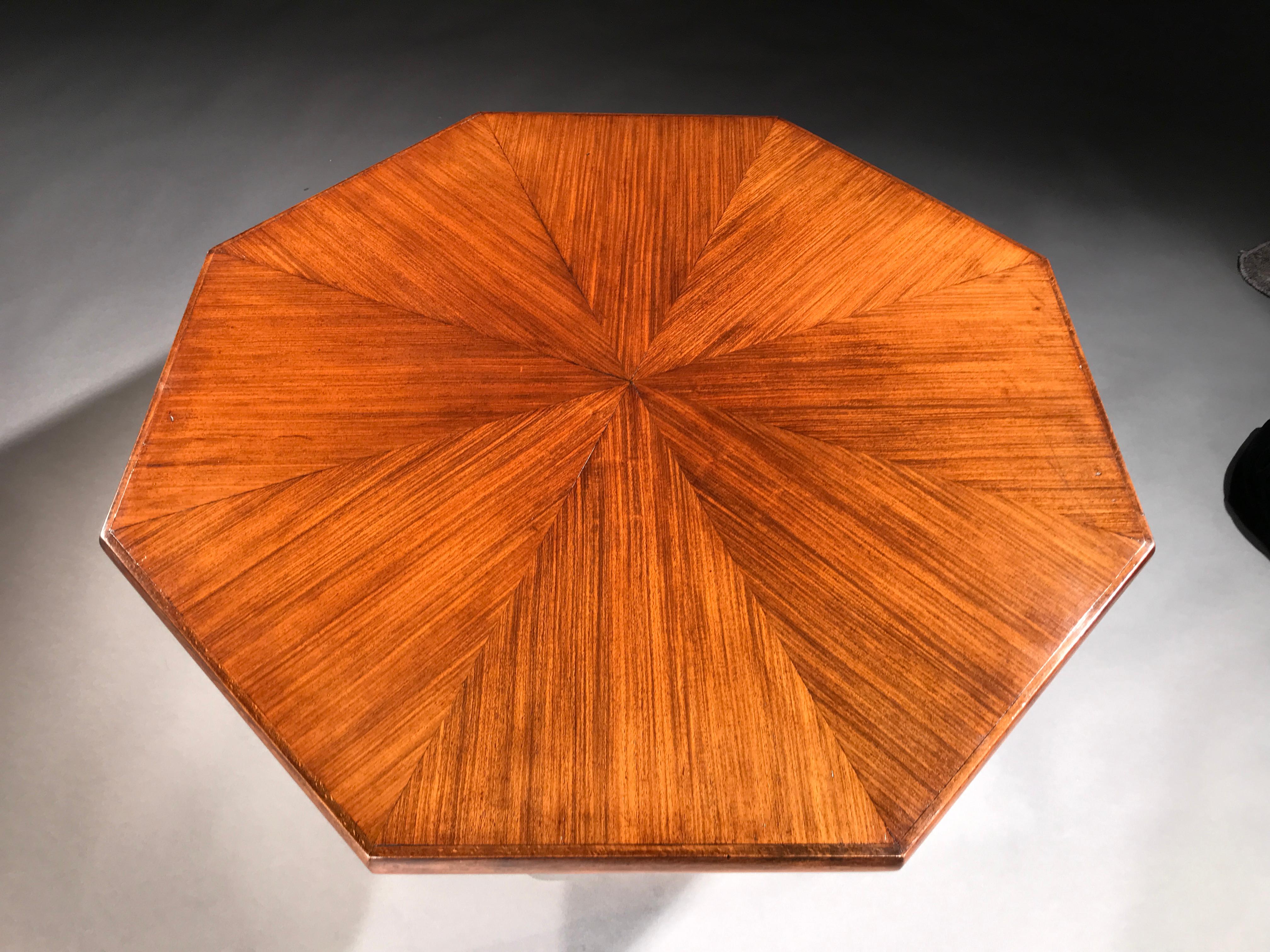 British Table Low Sofa Coffee Octagonal Pedestal Art Deco Teak Bookmatched Moulded Heals For Sale