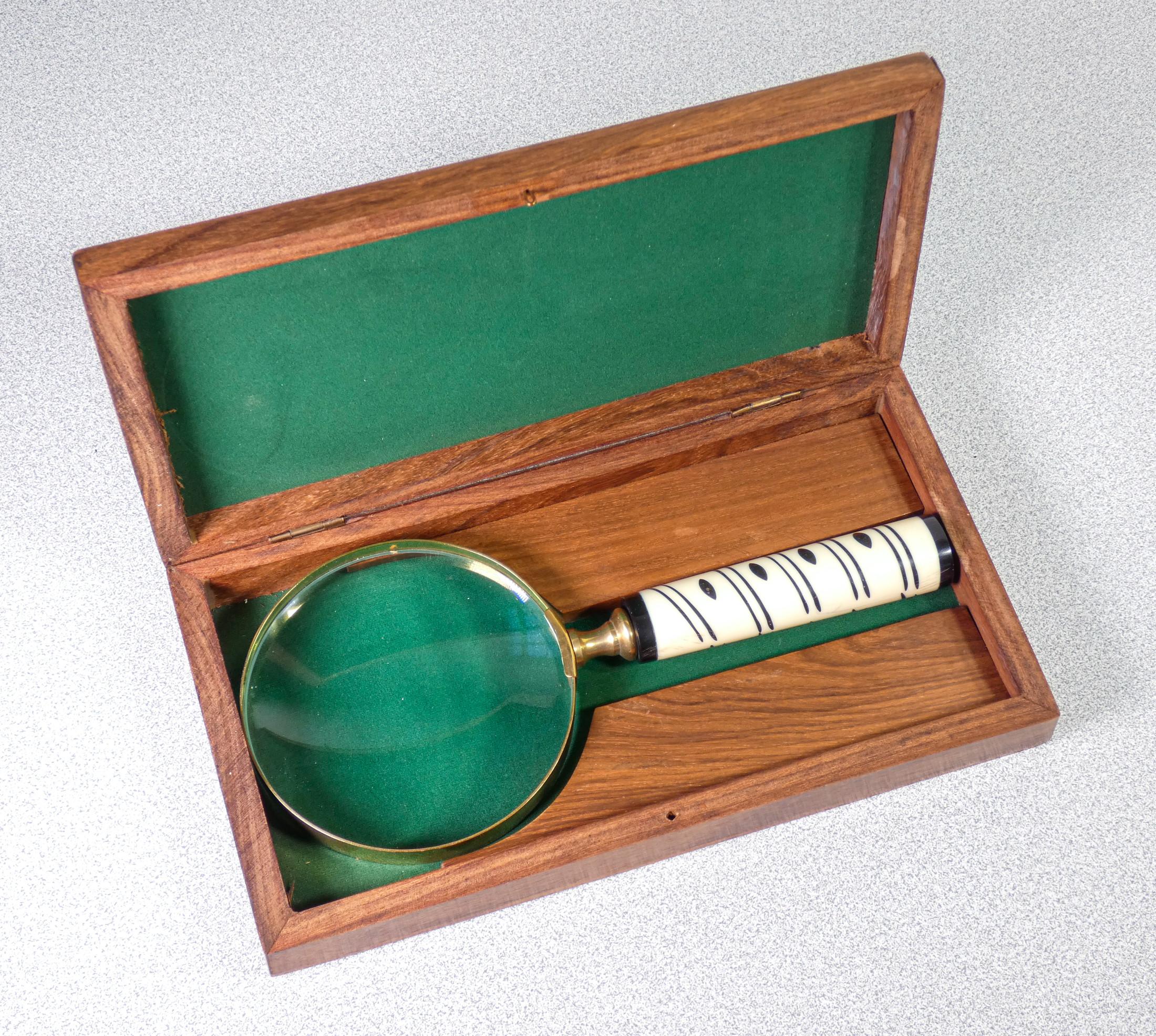 Italian Table Magnifier, with Bone Handle, Case in Wood, Italy For Sale