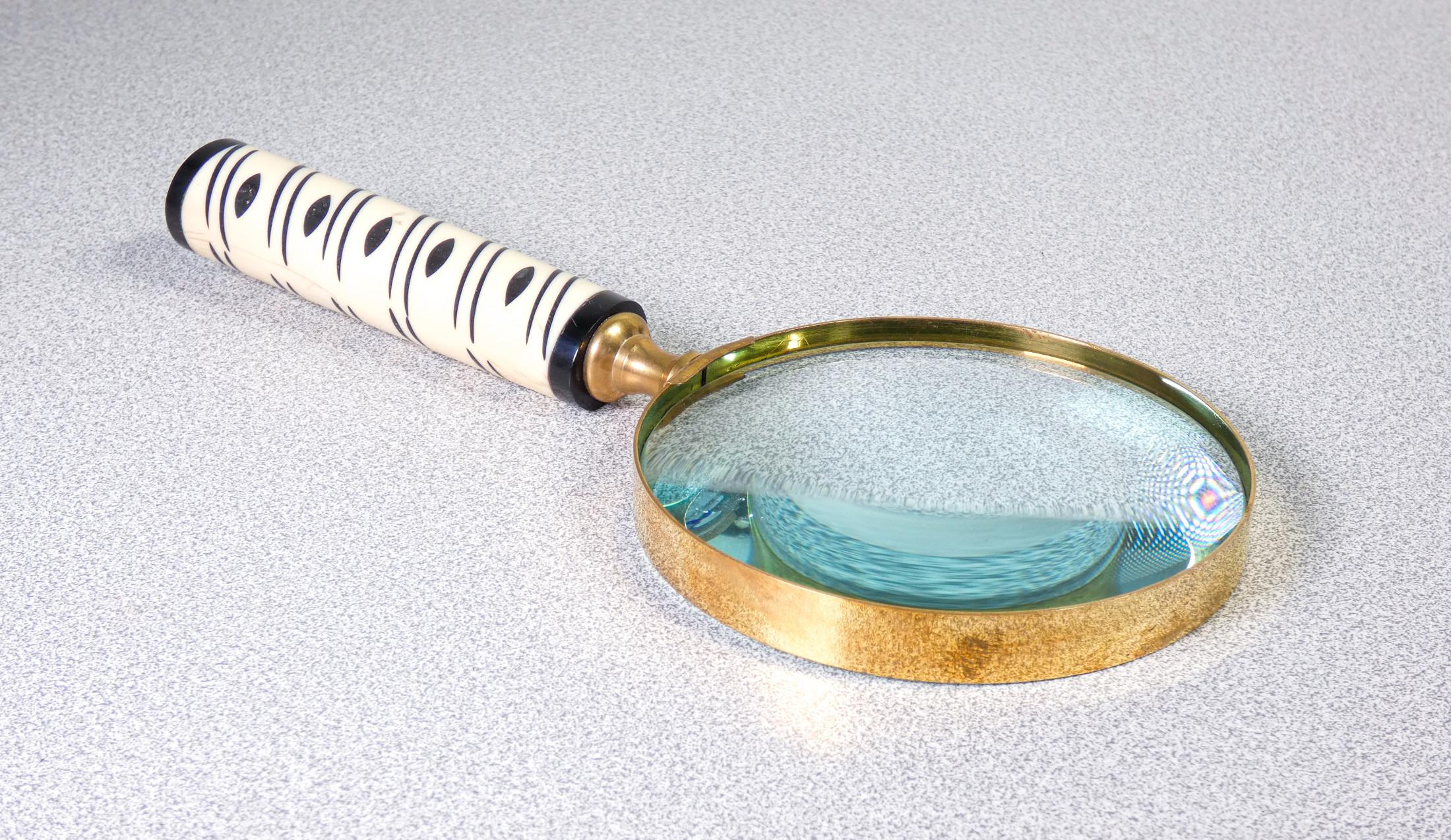 Brass Table Magnifier, with Bone Handle, Case in Wood, Italy For Sale