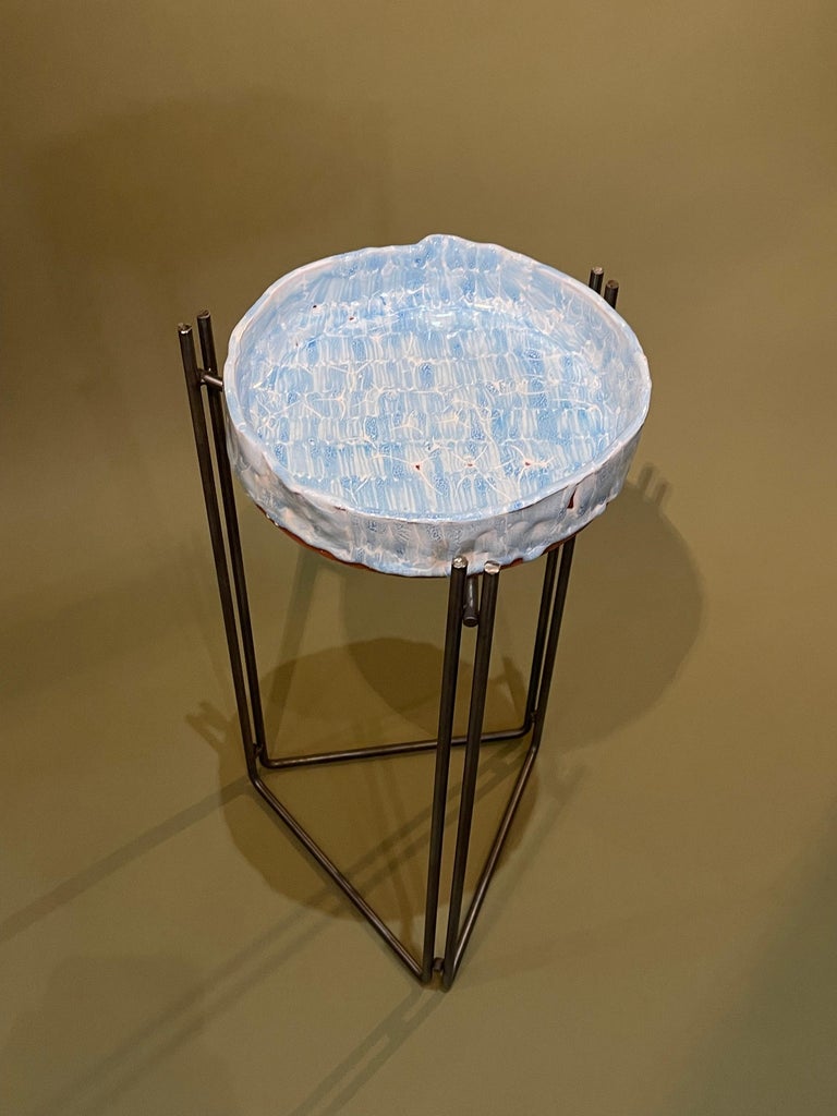 Metalwork Table Majolica Ceramic Top & Stainless Steel by Hannelore Freer and Filipe Ramos For Sale