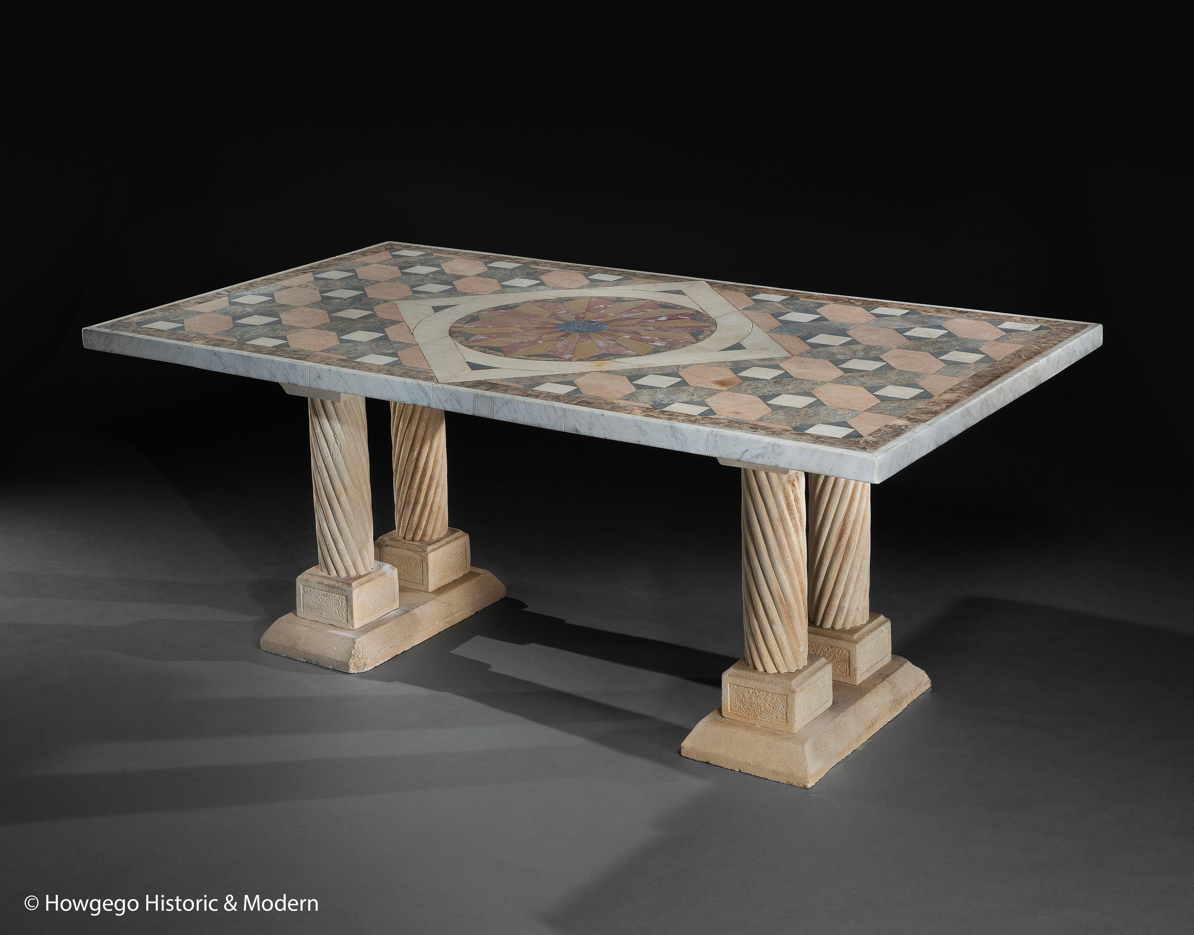 Striking table in the Roman classical style inset with beautiful earth palette marble specimens around a lapis lazulli centre
Suitable for everyday use either outside or in an interior
Has been outside so the surface has a dry patina which can be