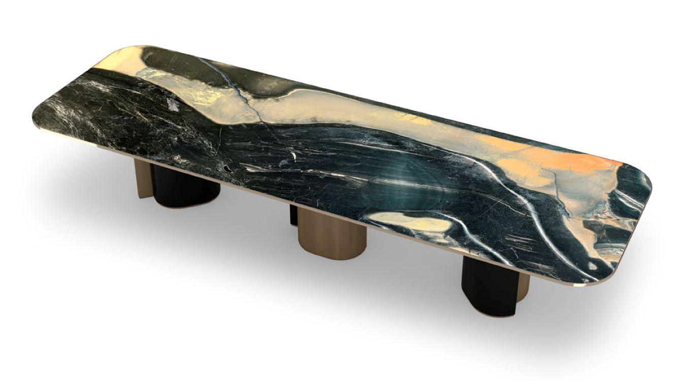 Tavolo in metallo ebano opaco finitura champagne piano in vetro artistico con retroilluminazione personalizzabile In condizioni Nuovo in vendita a London, GB