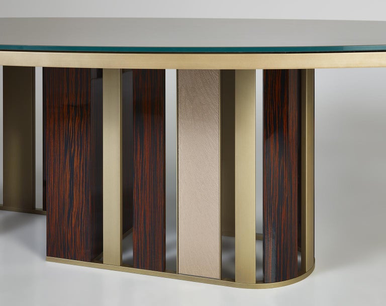 Modern Table Metal Frame Champagne Finish and Polish Ebony Top Vetrite Customizable For Sale