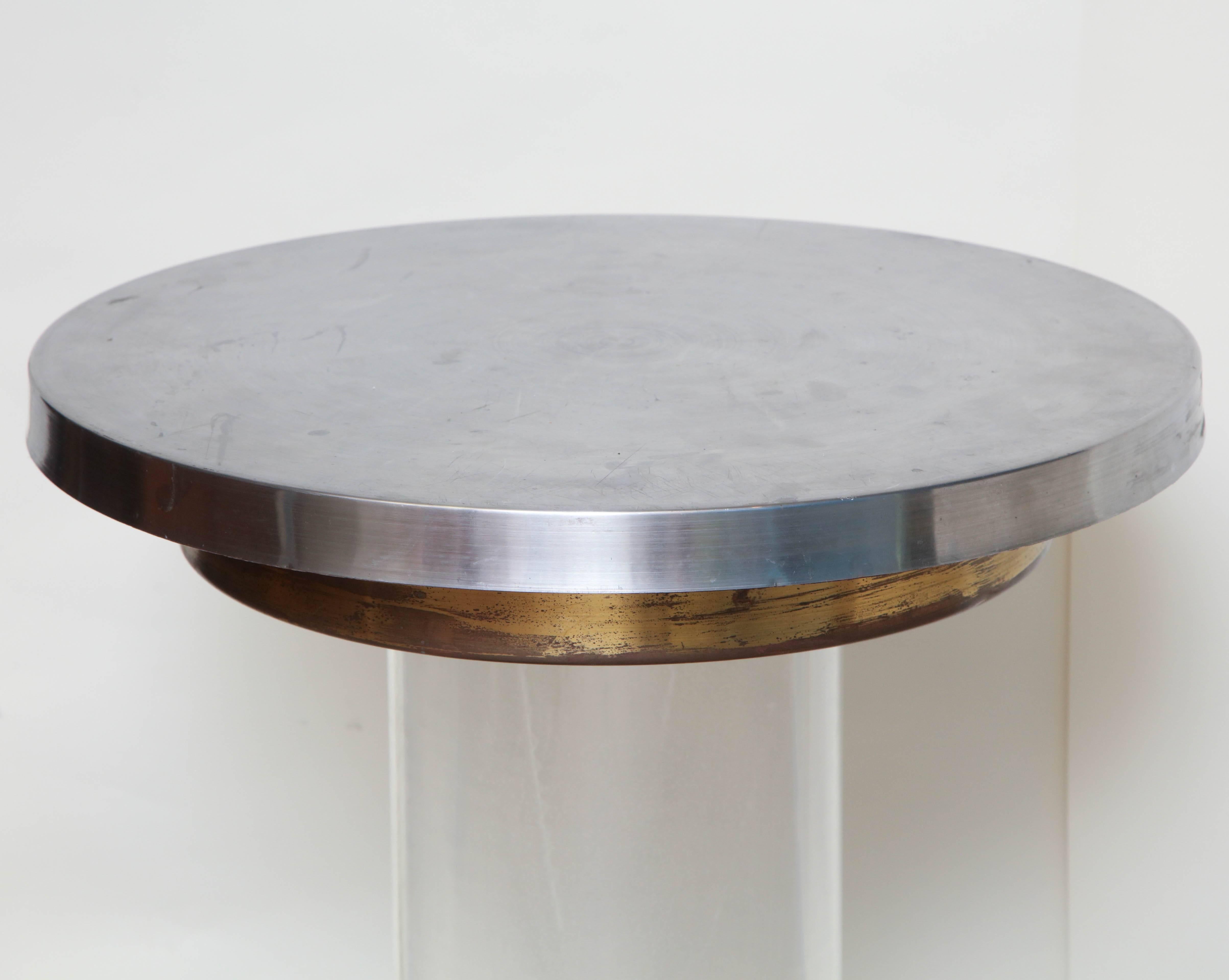Patinated Table Mid-Century Modern Lucite Aluminum and Brass, 1970s