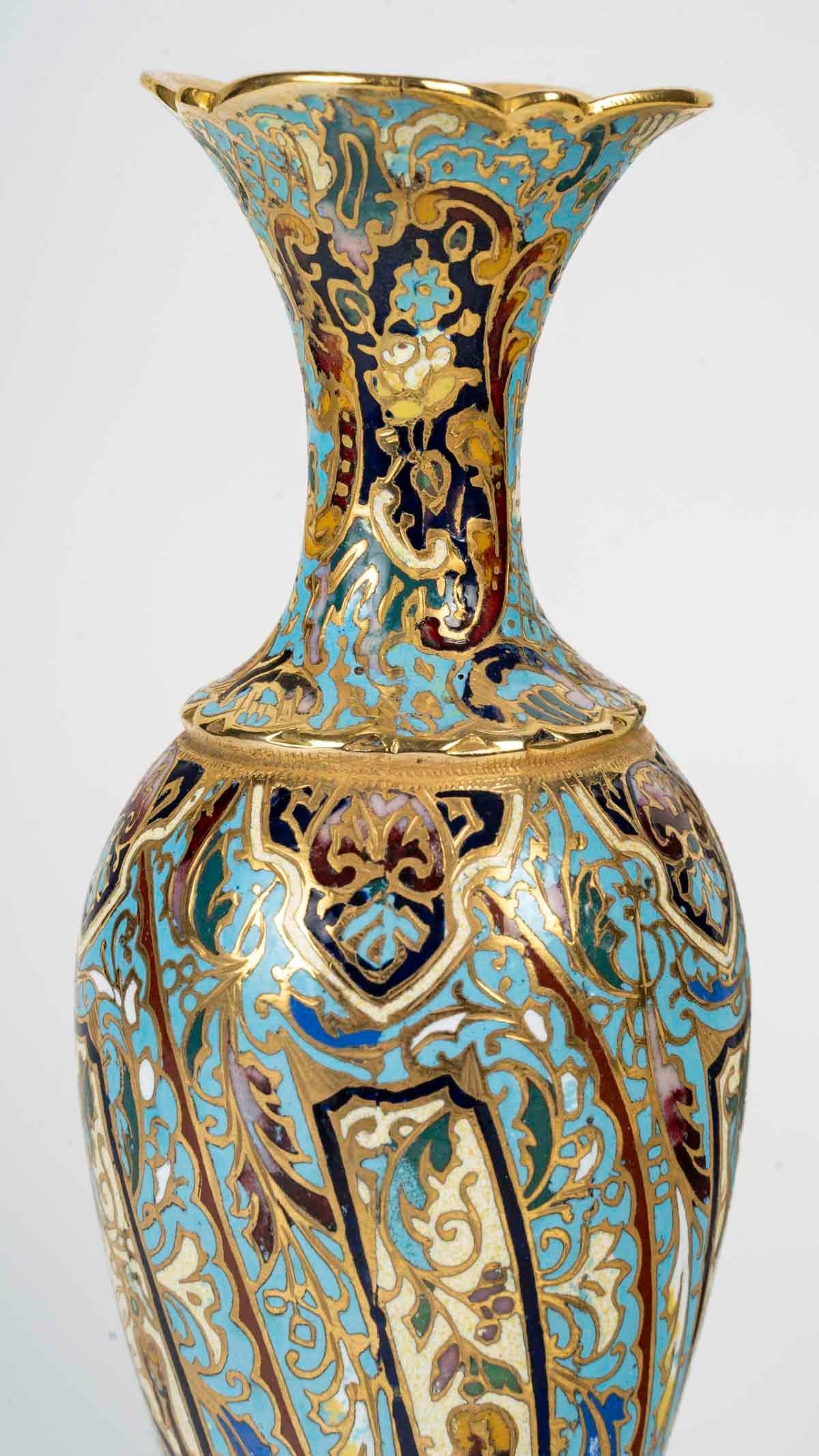 Enameled Table Mirror and its Two Vases, 19th Century, Napoleon III Period. For Sale