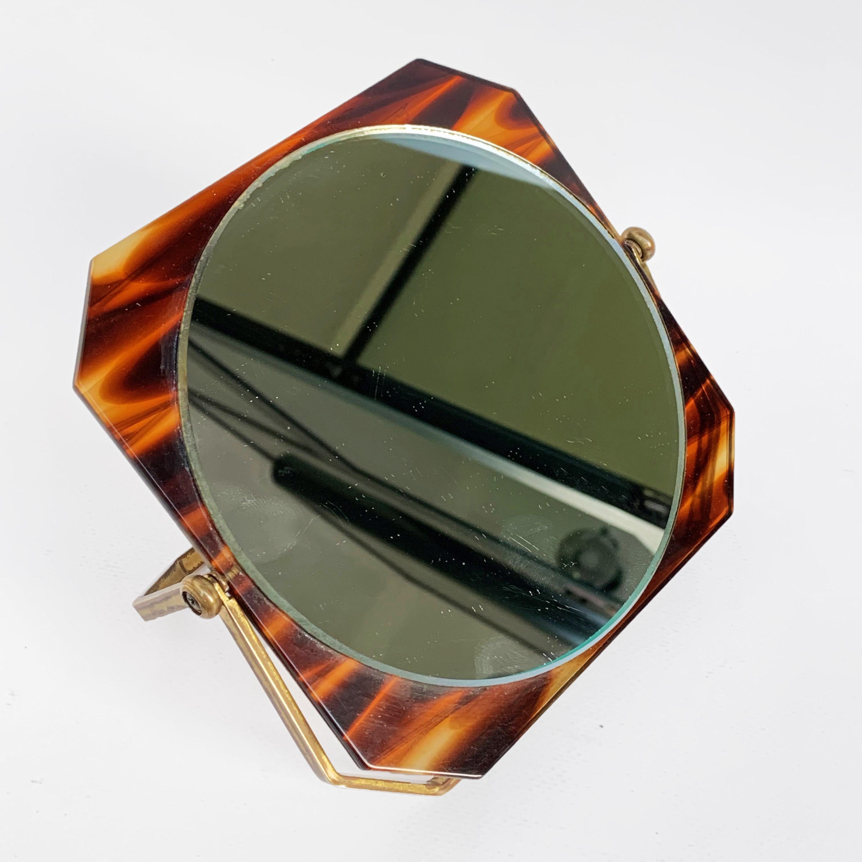 Table Mirror, Brass and Tortoise Plexiglass, Double-Sided Vanity, Italy 1970s For Sale 11