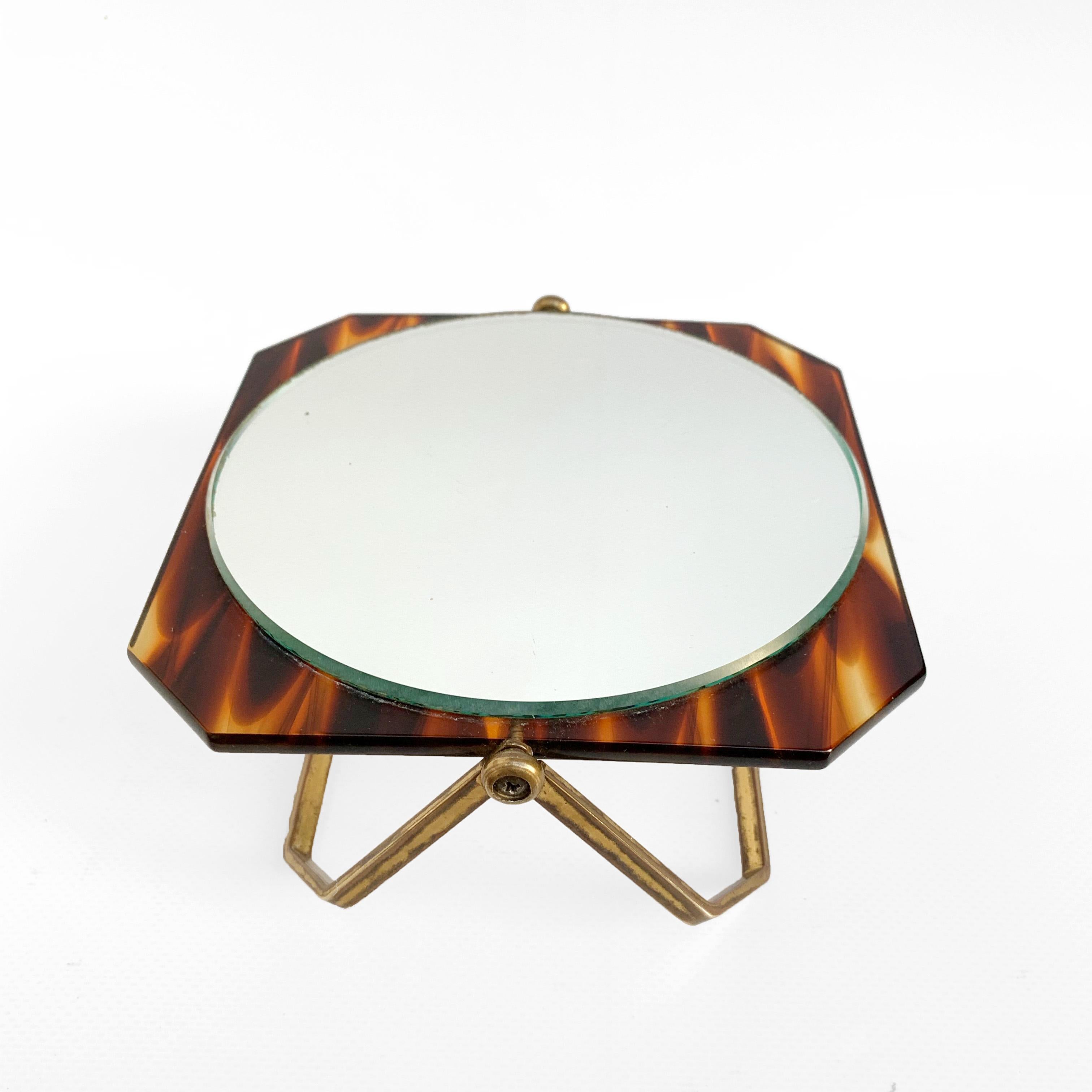 Table Mirror, Brass and Tortoise Plexiglass, Double-Sided Vanity, Italy 1970s For Sale 13