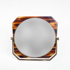Espejo de mesa, latón y plexiglás tortuga, tocador de doble cara, Italia Años 70